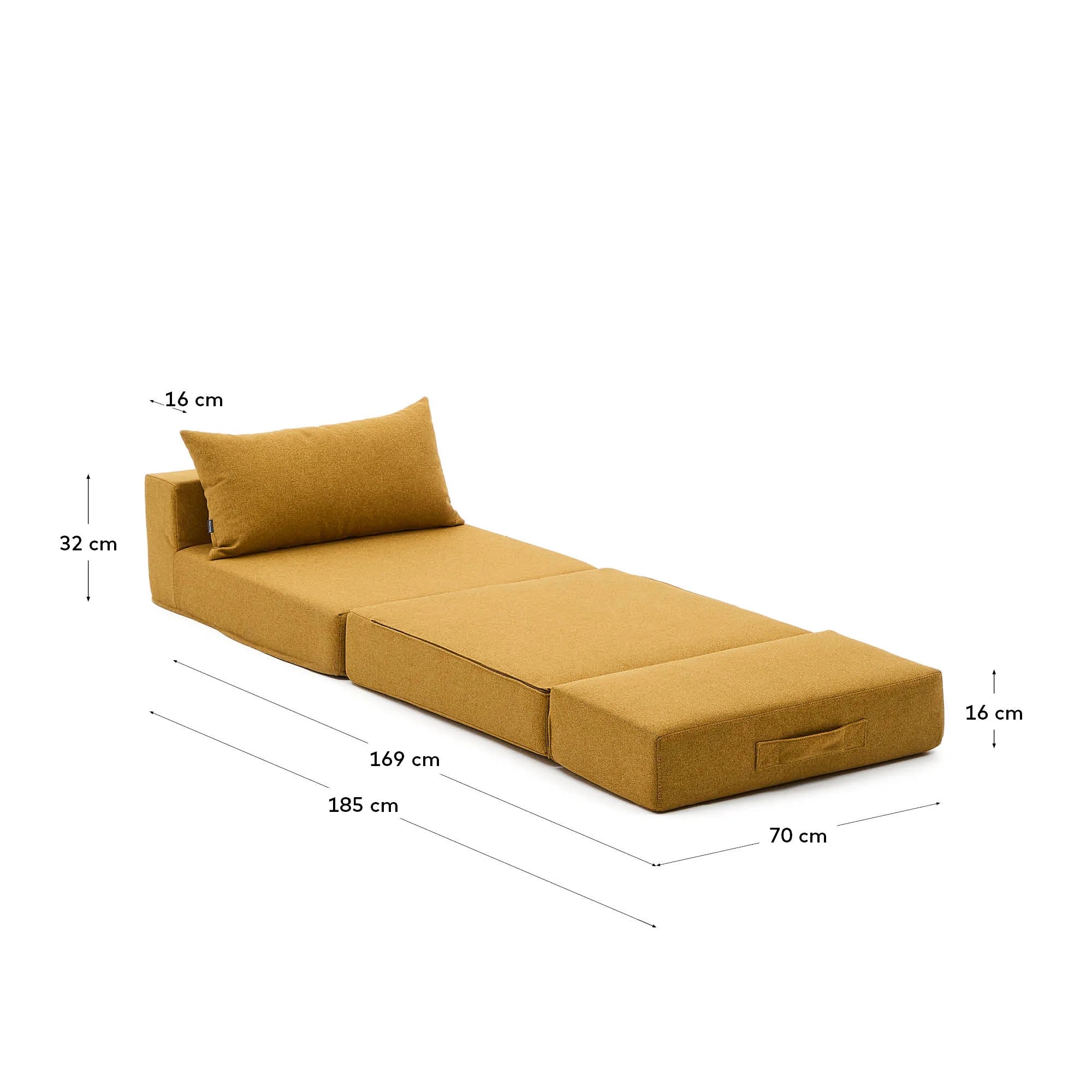 Vielseitiger Pouf in Senf: Sitz, Chaiselongue oder Bett. Kompakt, elegant und ideal für kleine Räume.