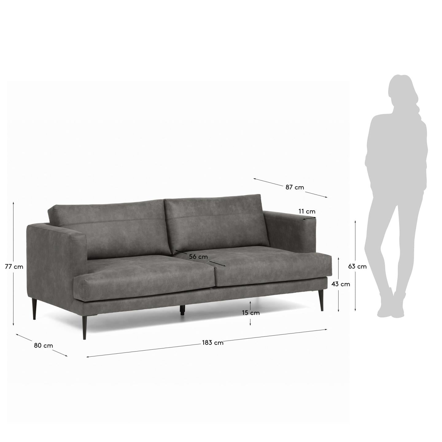 Elegantes 2-Sitzer Sofa in Dunkelgrau, inspiriert von den 50ern, mit pflegeleichtem Stoff und FSC-zertifiziertem Holz.