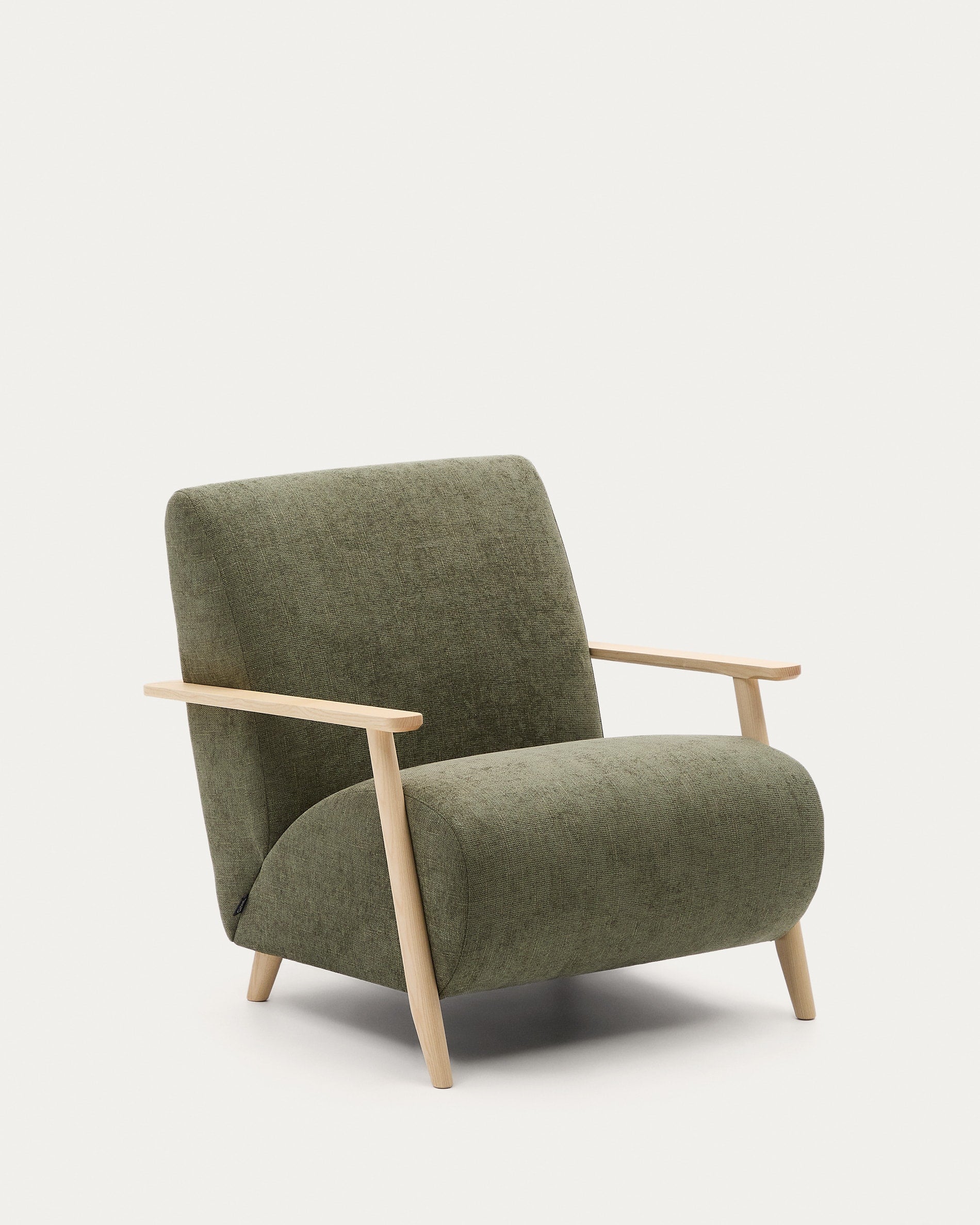 Armchair Meghan made of green chenille and solid ash wood with natural finish FSC Mix C