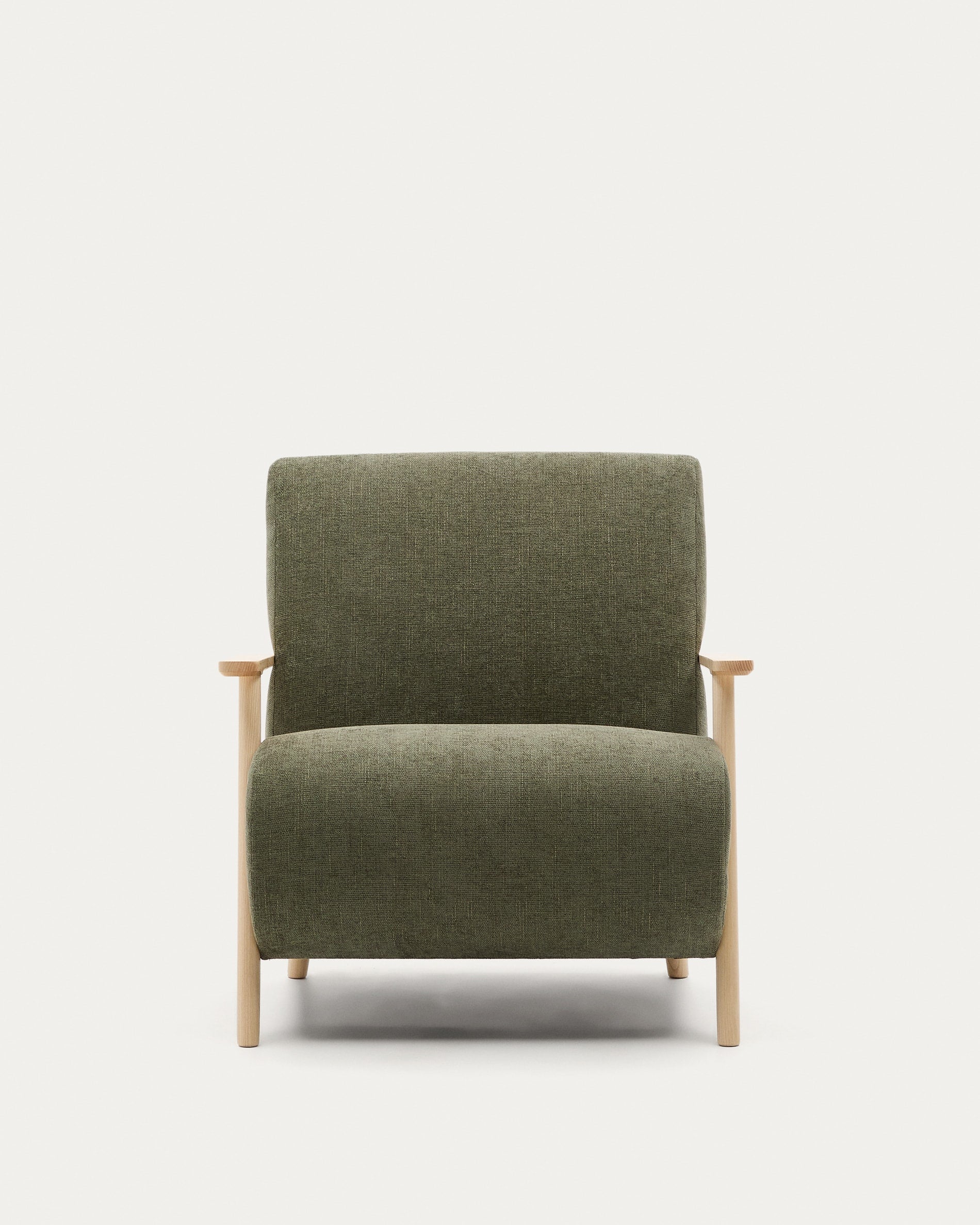 Armchair Meghan made of green chenille and solid ash wood with natural finish FSC Mix C