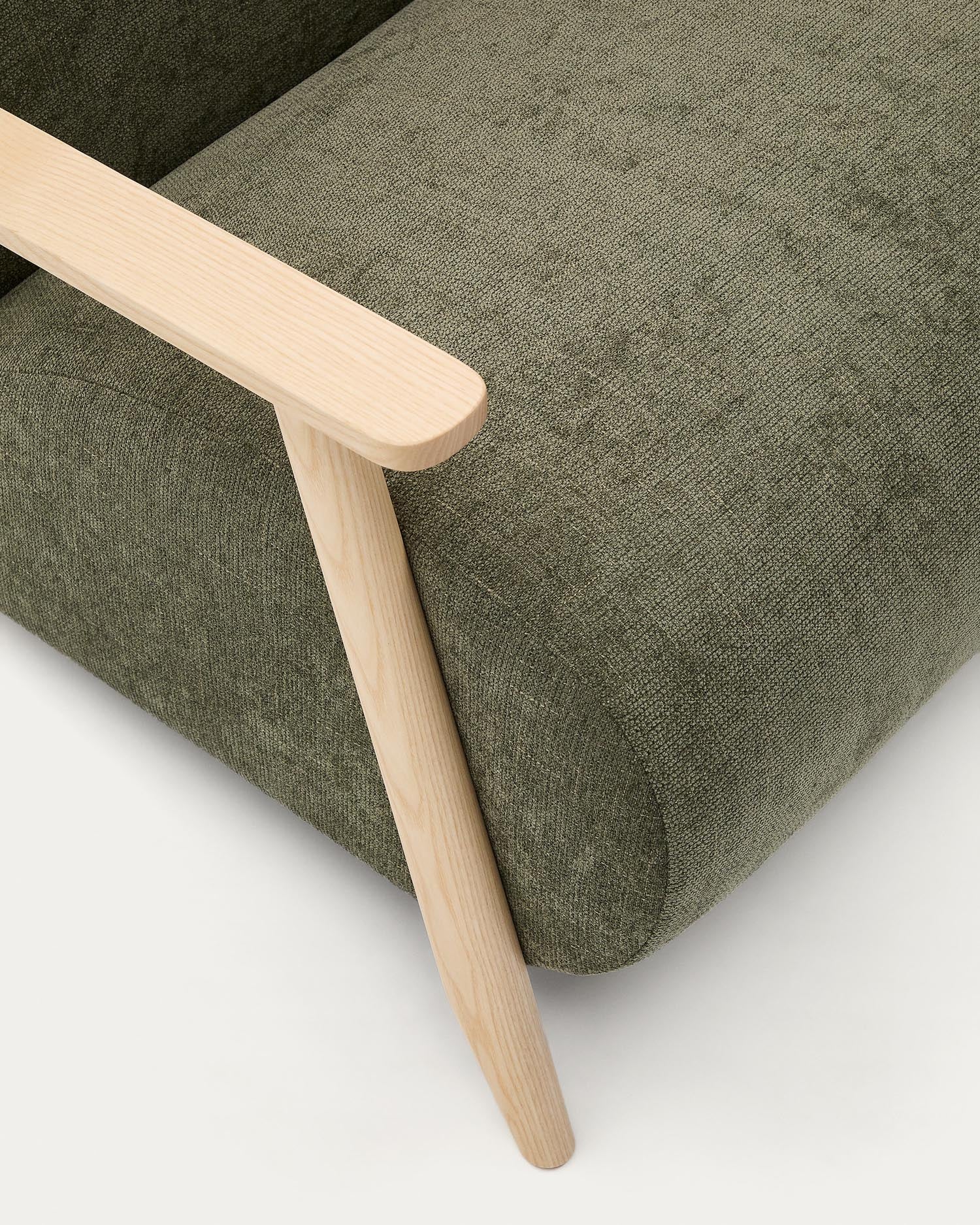 Armchair Meghan made of green chenille and solid ash wood with natural finish FSC Mix C