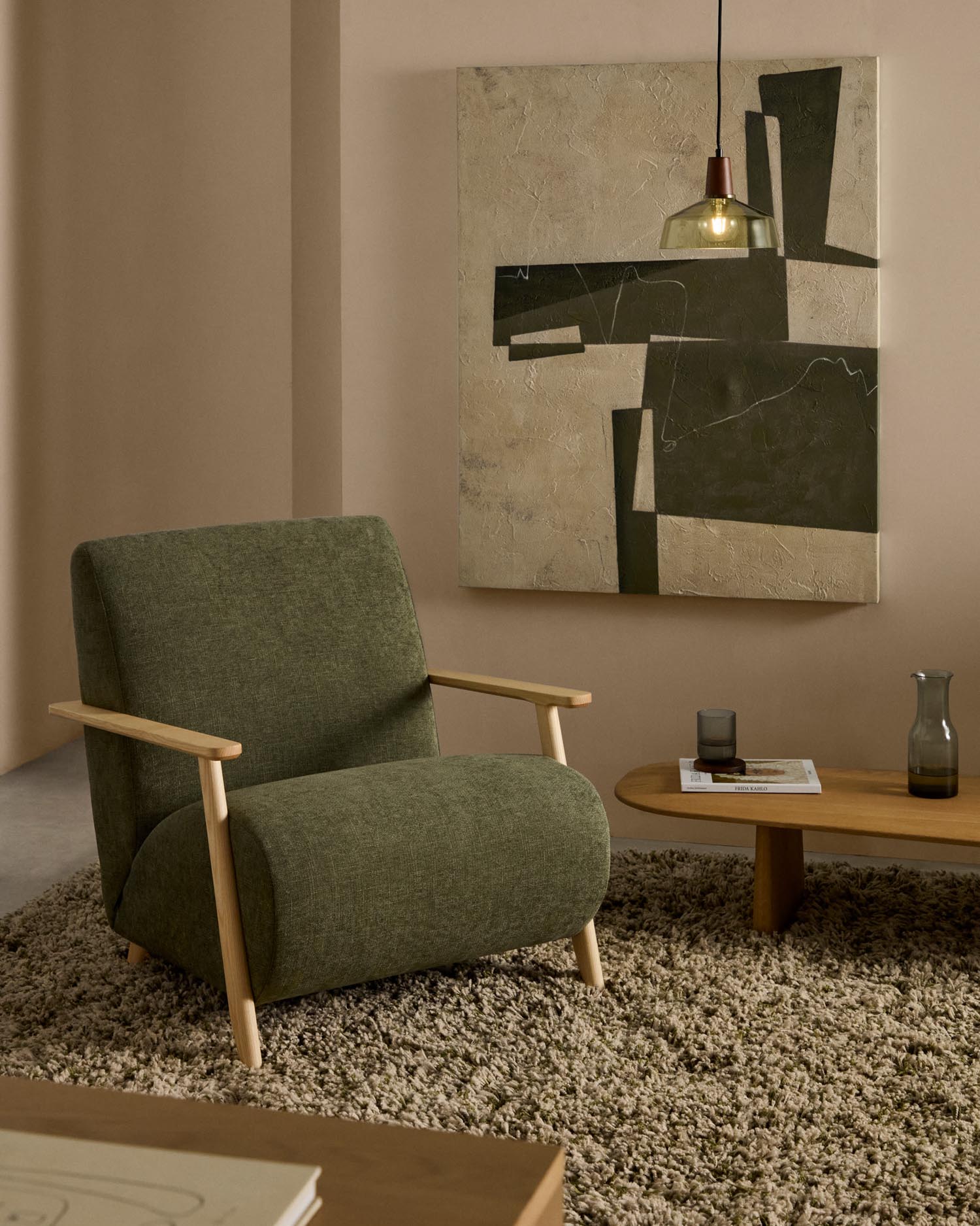 Armchair Meghan made of green chenille and solid ash wood with natural finish FSC Mix C