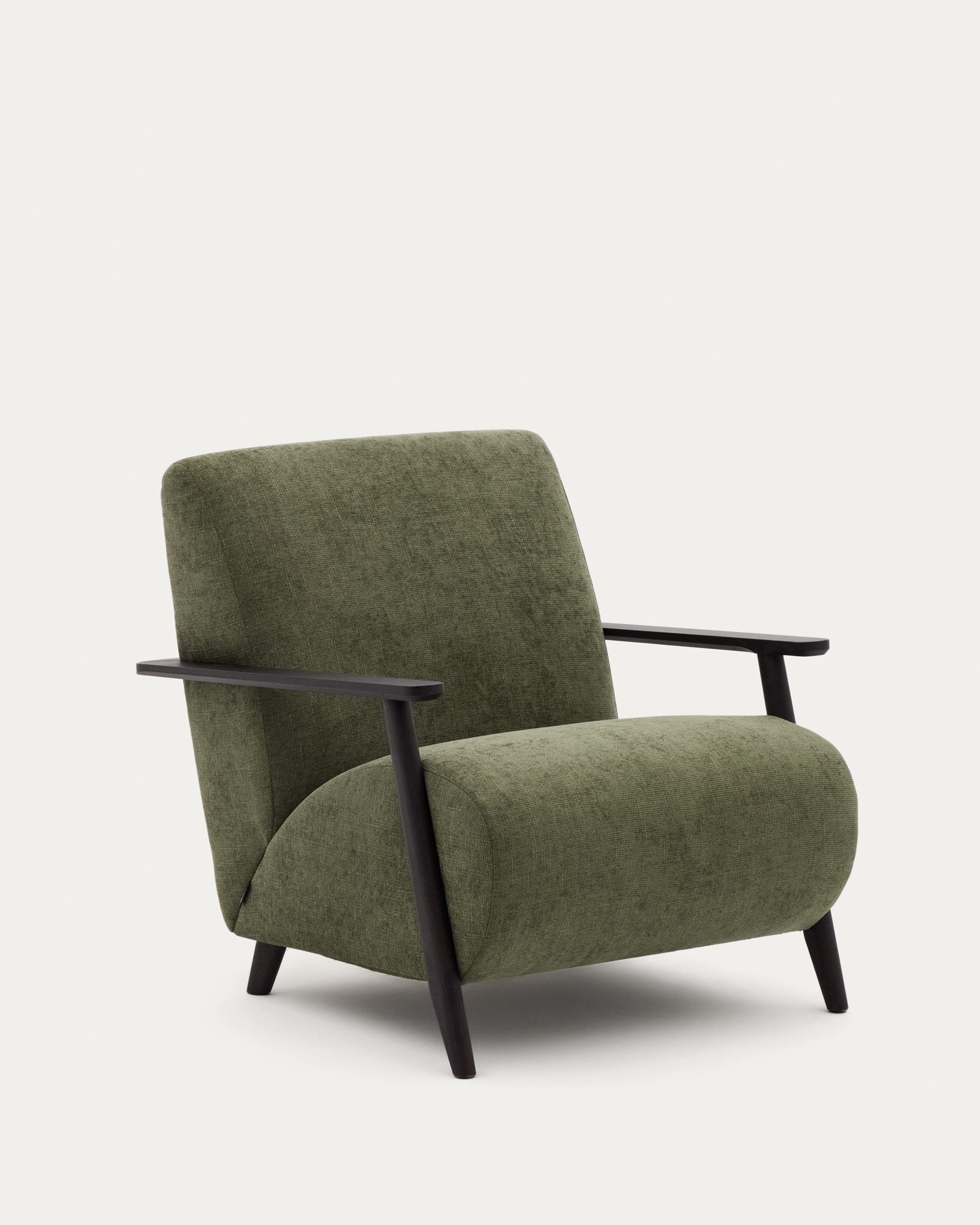 Meghan armchair in green chenille and solid ash wood with wenge finish, FSC Mix Credit