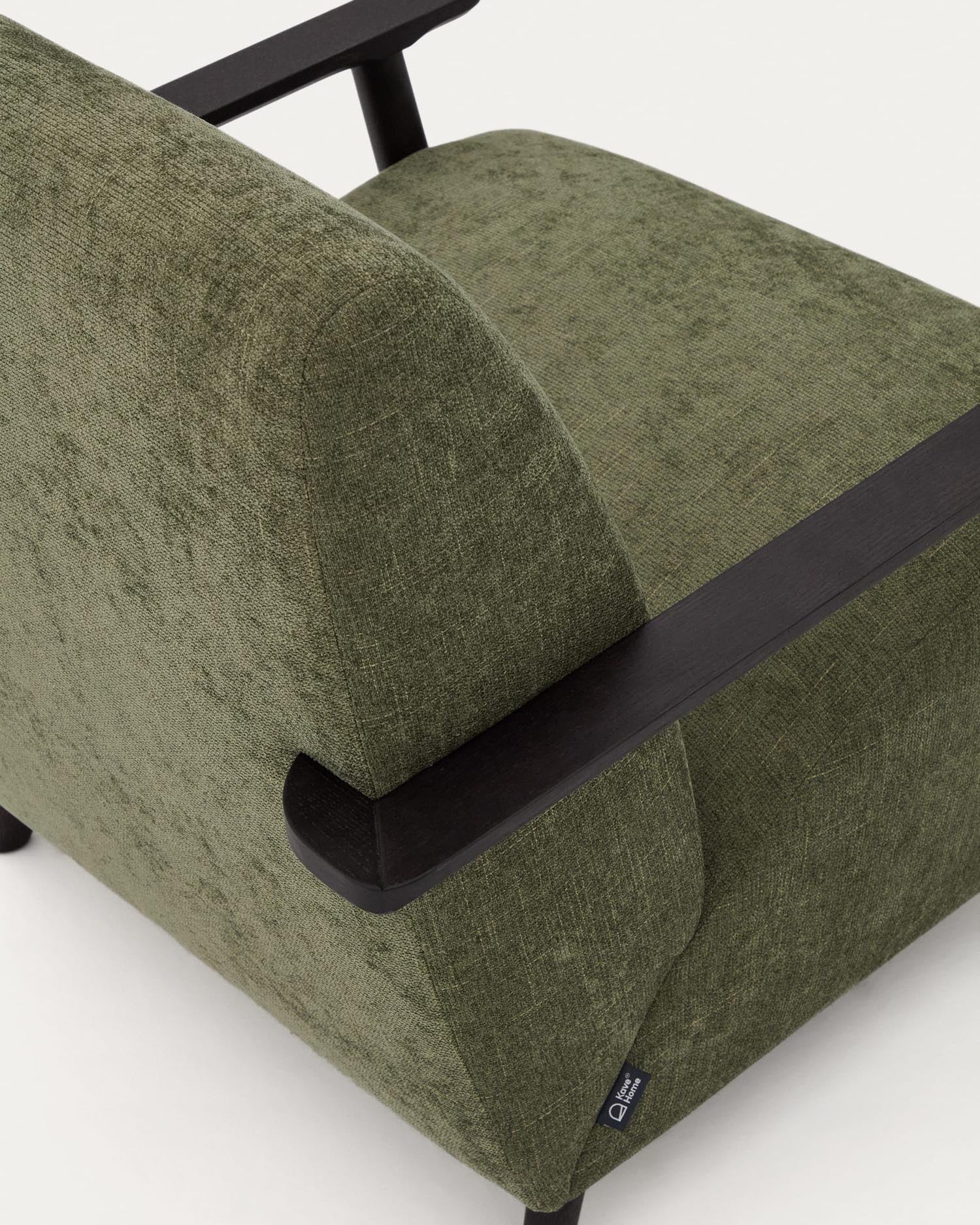 Meghan armchair in green chenille and solid ash wood with wenge finish, FSC Mix Credit