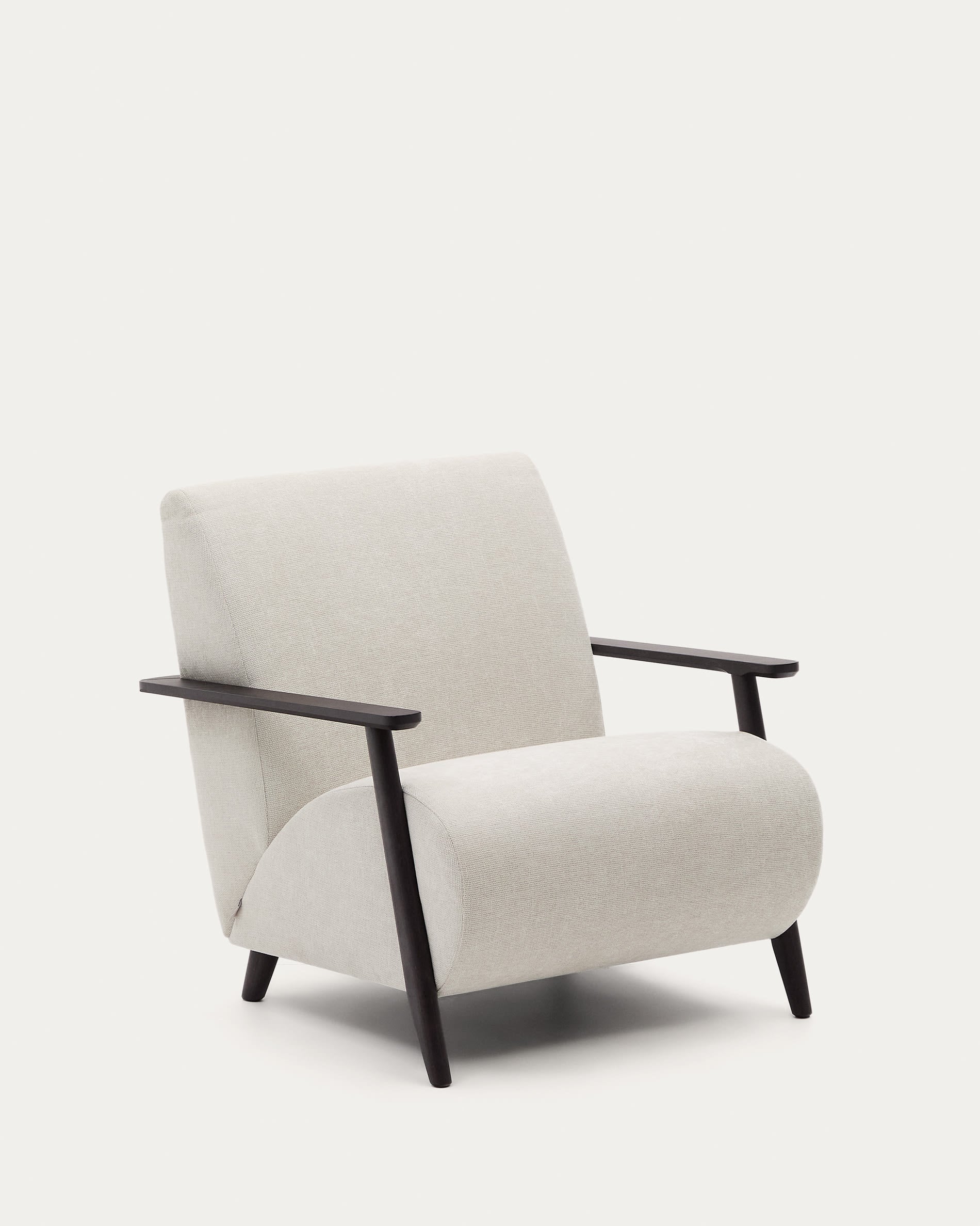 Armchair Meghan made of pearl-colored chenille and solid ash wood with Wenge-Finish FSC Mix C