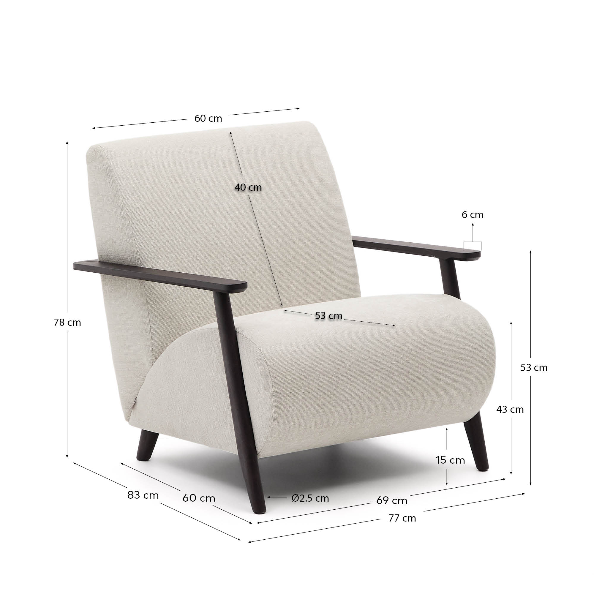 Armchair Meghan made of pearl-colored chenille and solid ash wood with Wenge-Finish FSC Mix C