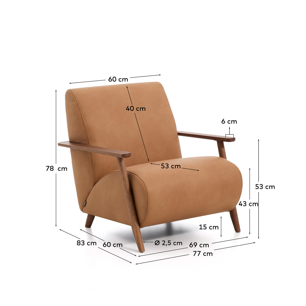 Sessel Meghan in braunem Leder mit massivem Eschenholz mit nussbaumfarbenem Finish, FSC Mix Credit in Braun präsentiert im Onlineshop von KAQTU Design AG. Sessel ist von Kave Home