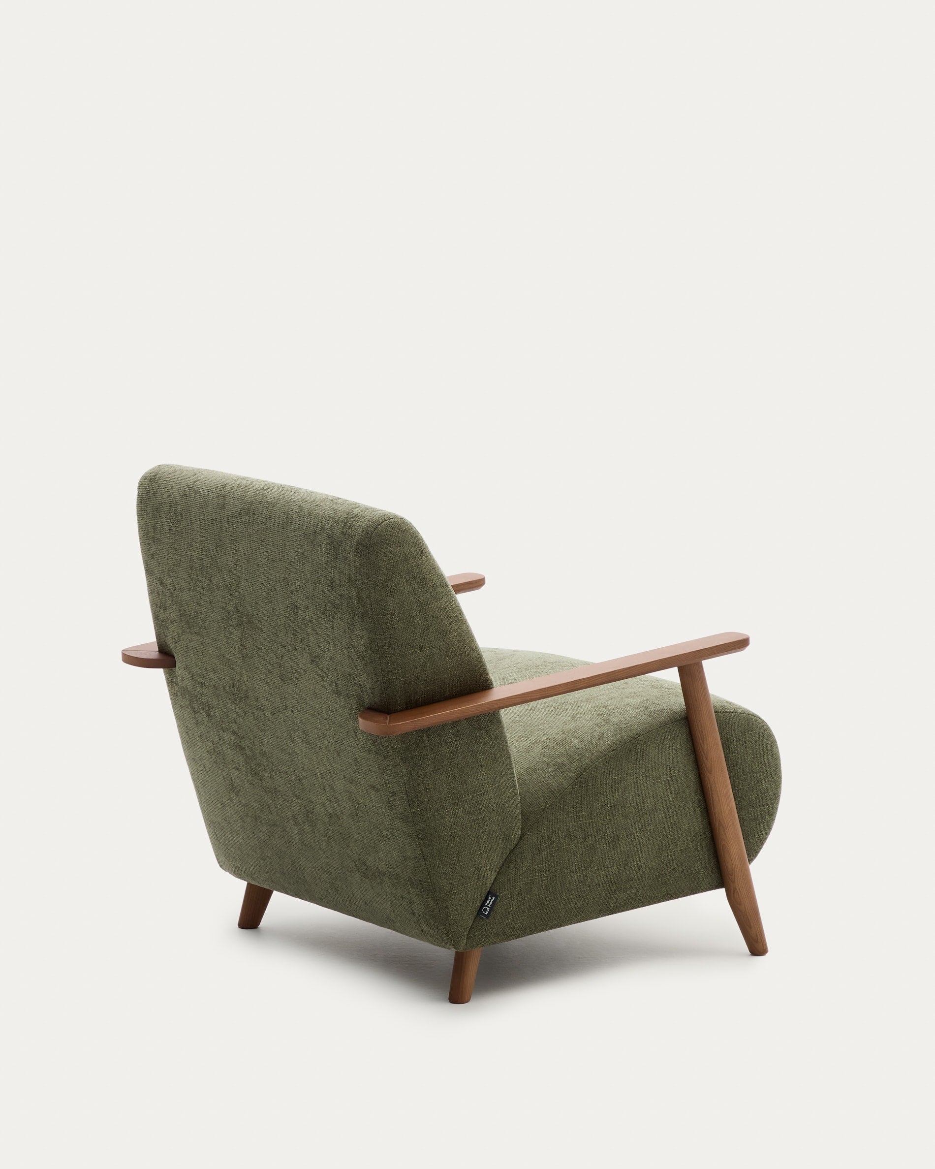 Eleganter Meghan Sessel mit grünem Chenille-Bezug, FSC-zertifiziertem Eschenholz und edlem Nussholzfinish, nachhaltig und modern.