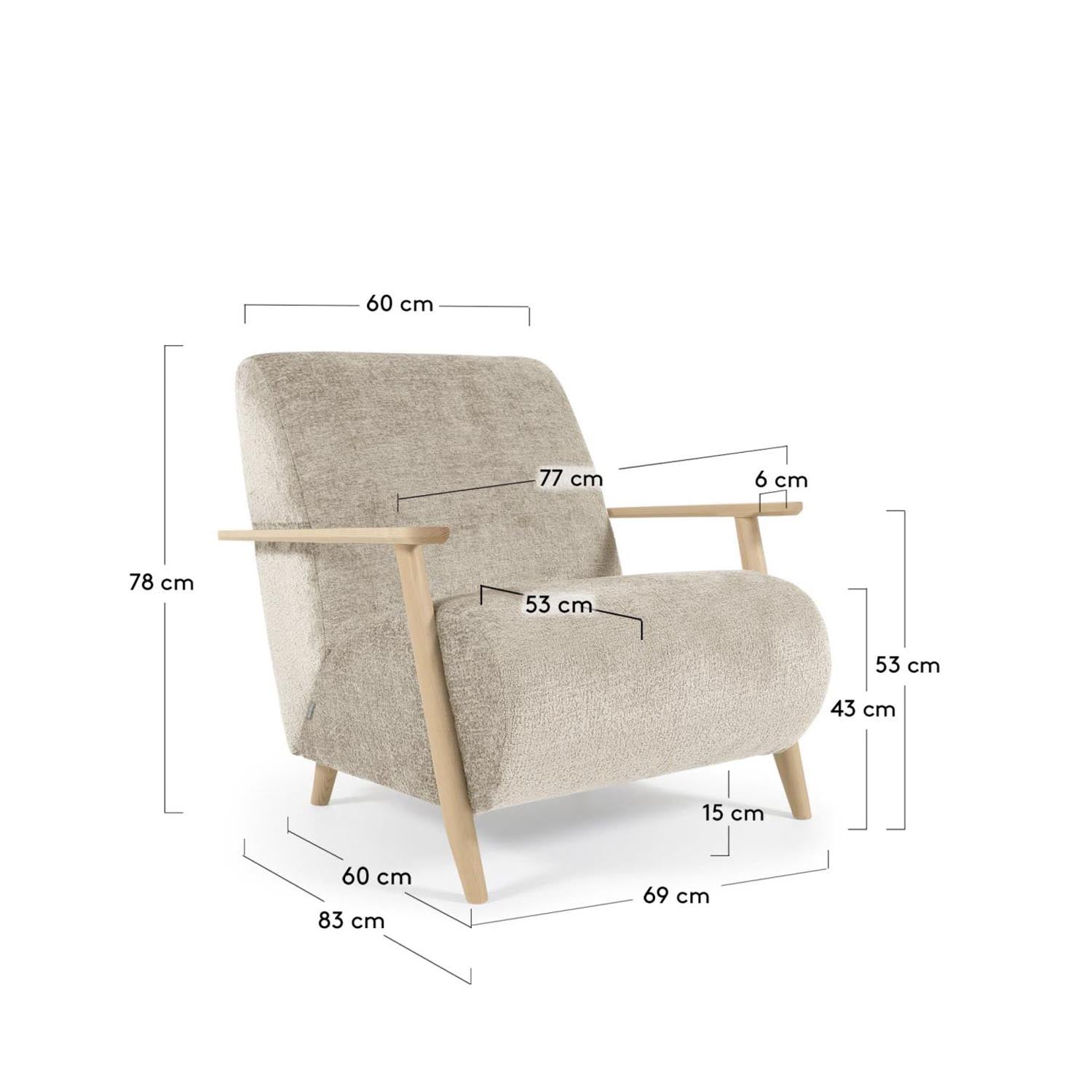 Sessel Meghan aus beiger Chenille und Holz mit natürlichem Finish in Beige präsentiert im Onlineshop von KAQTU Design AG. Sessel mit Armlehnen ist von Kave Home