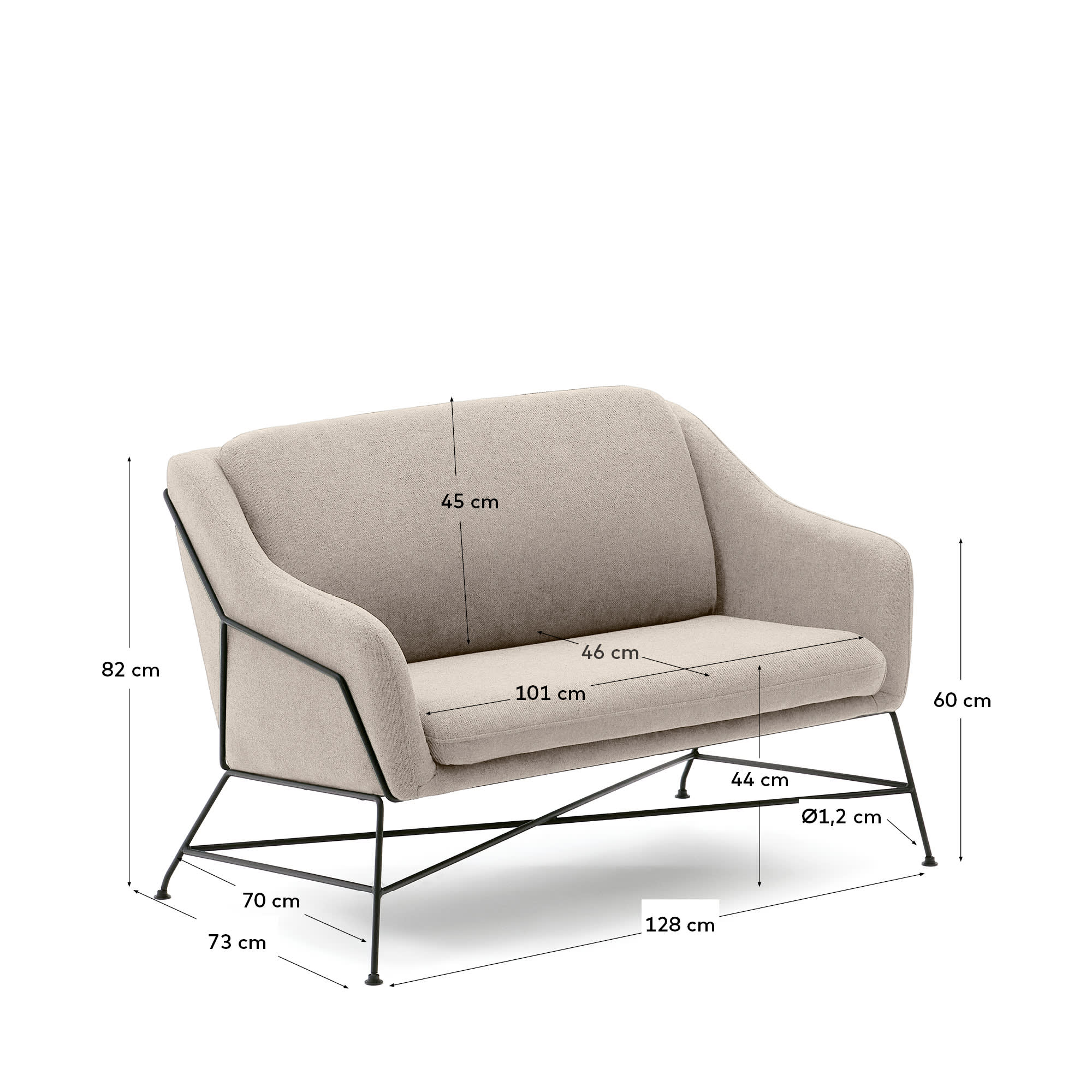 Elegantes 2-Sitzer-Sofa Brida in Beige mit robusten schwarzen Stahlbeinen, 128 cm breit, ideal für moderne Wohnräume.