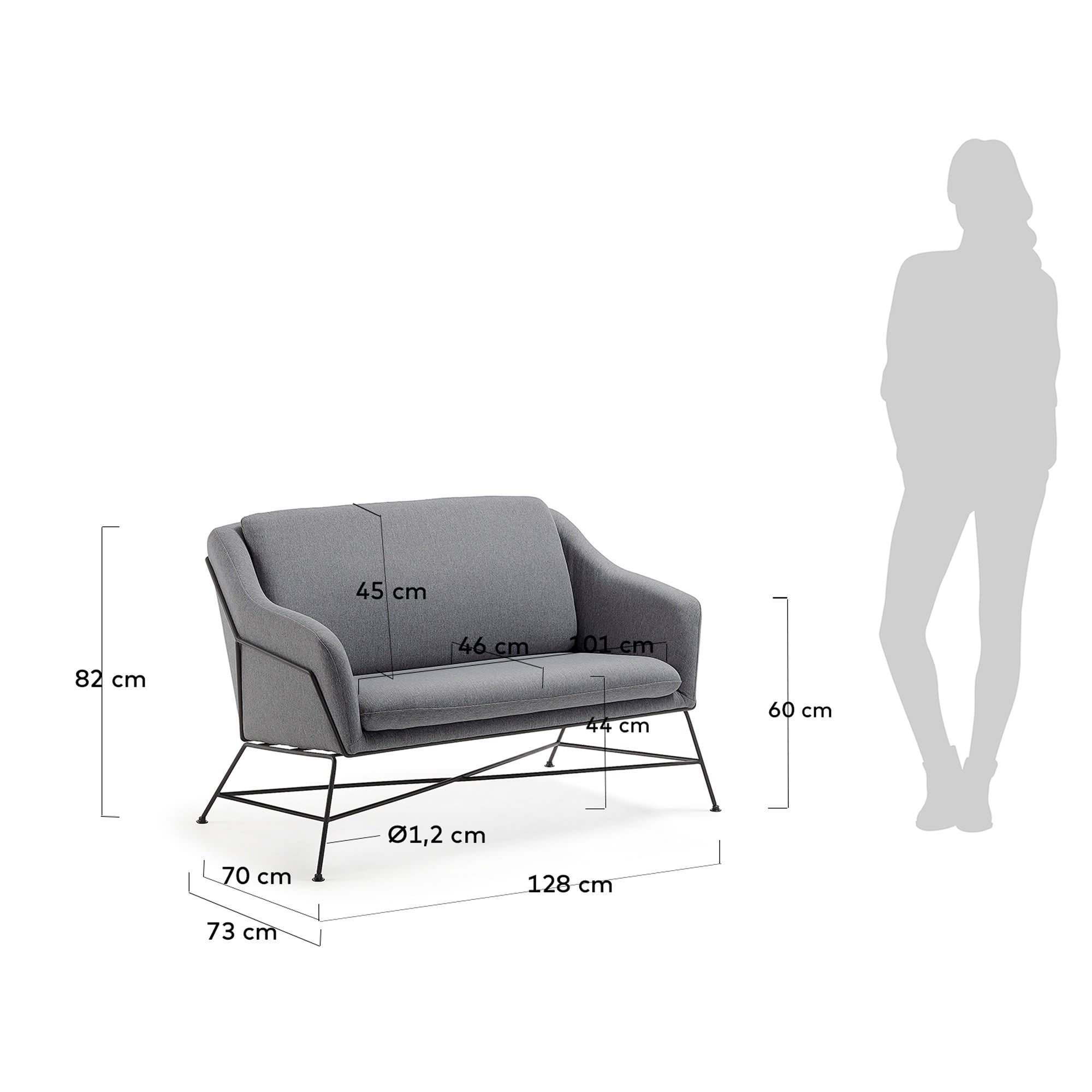 Das Brida 2-Sitzer-Sofa in Dunkelgrau vereint Komfort und Stil auf 128 cm Breite, ideal für moderne, kleine Wohnräume.