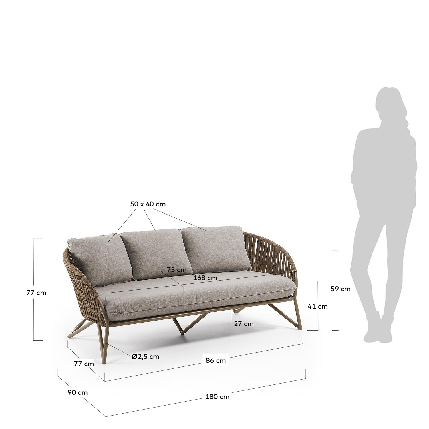 Elegantes 3-Sitzer-Sofa aus wetterbeständigem Seil und stabilem Metallgestell, ideal für stilvolle Entspannung.