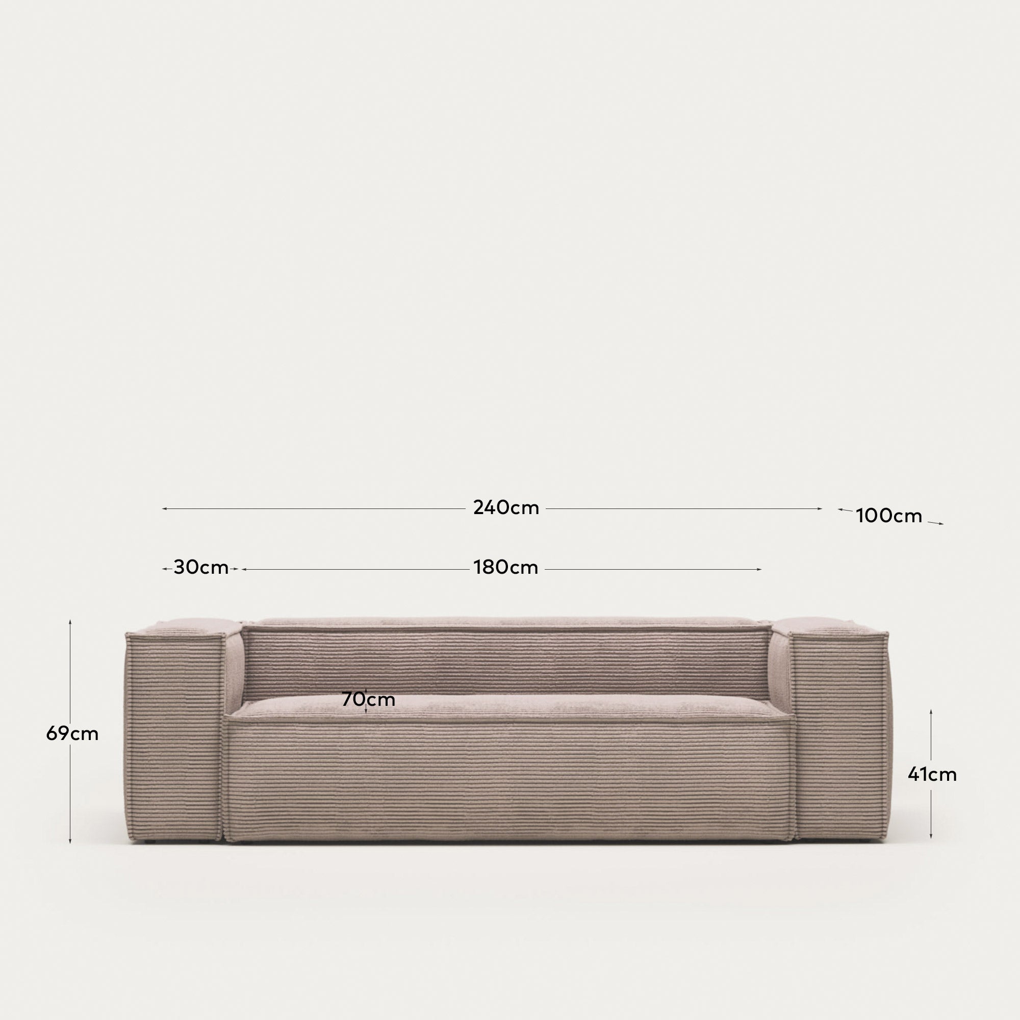 Elegantes 3-Sitzer-Sofa in rosa Cord, 240 cm breit, vereint Komfort und Stil für vielseitige Wohnräume.