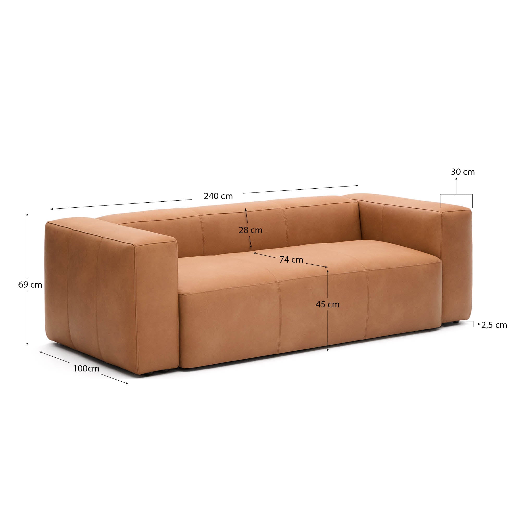 Stilvolles 3-Sitzer Sofa Blok in braunem Leder, 240 cm, perfekt für gemütliche Abende und moderne Wohnkonzepte.