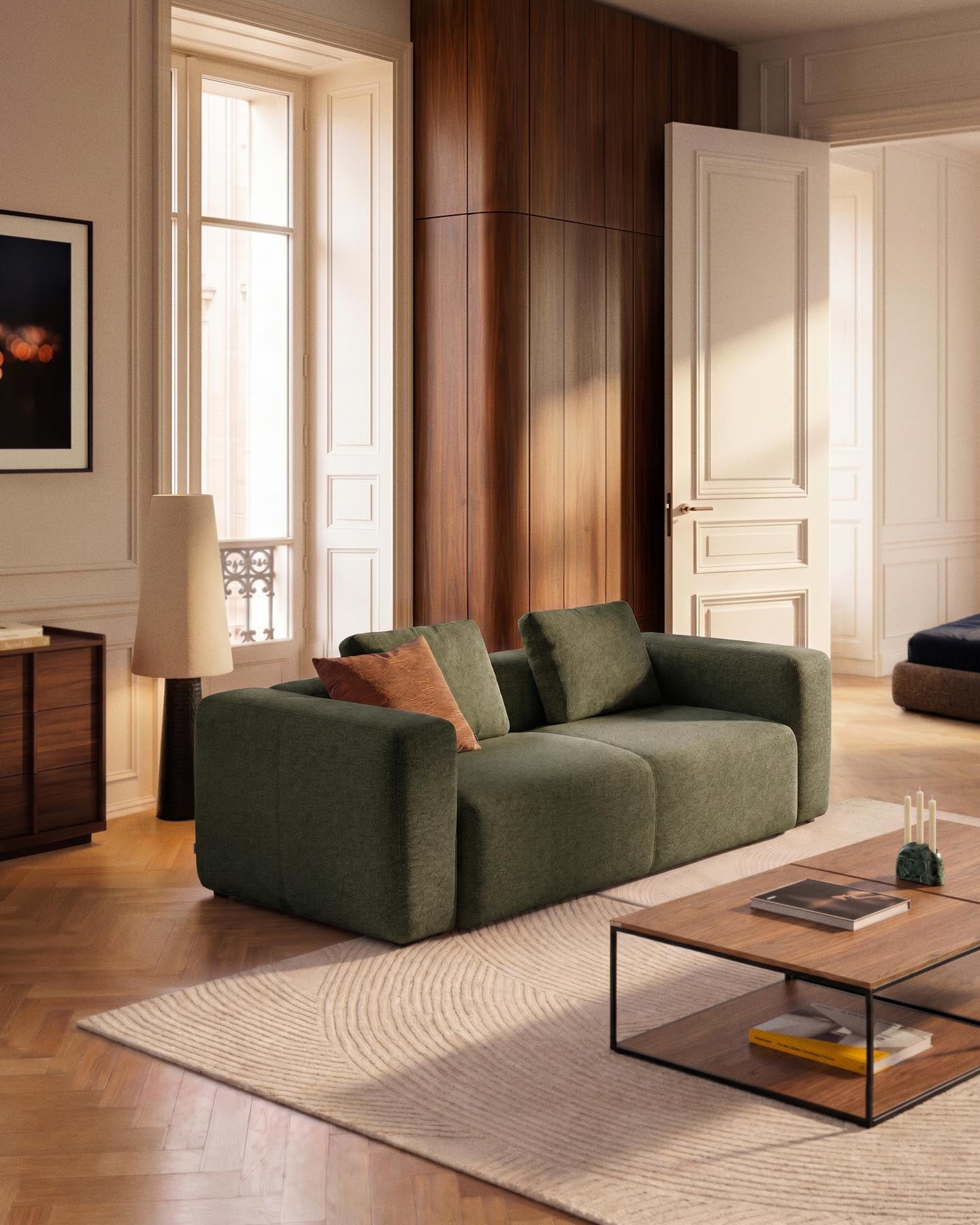 3-Sitzer-Sofa Blok in moosgrüner Chenille, 240 cm, FSC Mix Credit in Grün präsentiert im Onlineshop von KAQTU Design AG. 3er Sofa ist von Kave Home