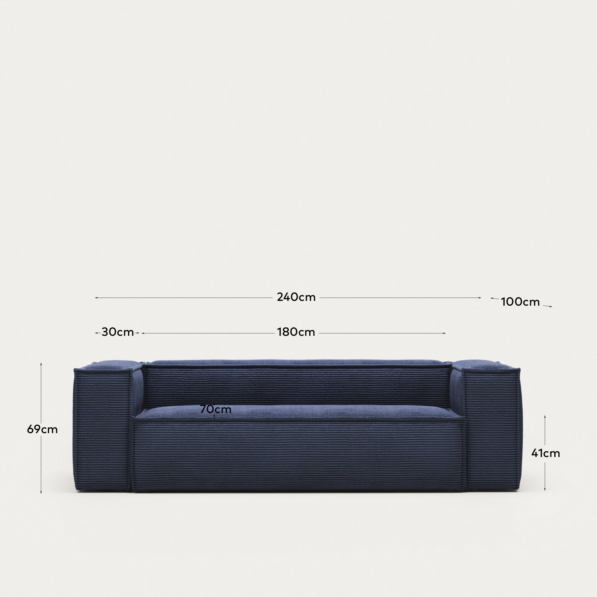 3-Sitzer-Sofa Blok, schwer entflammbar mit dickem, blauem Cord, 240 cm, FSC Mix Credit in Blau präsentiert im Onlineshop von KAQTU Design AG. 3er Sofa ist von Kave Home
