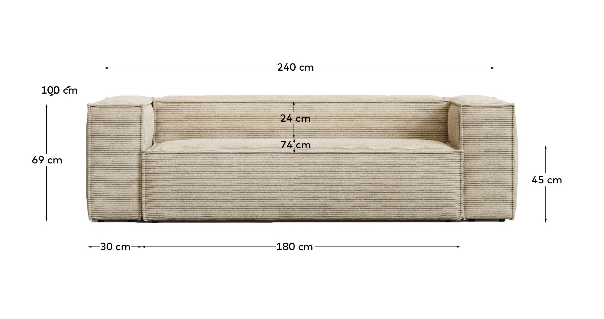 3-Sitzer-Sofa Blok schwer entflammbar mit dickem Cord in Ecru 240 cm FSC Mix Credit in Ecru präsentiert im Onlineshop von KAQTU Design AG. 3er Sofa ist von Kave Home