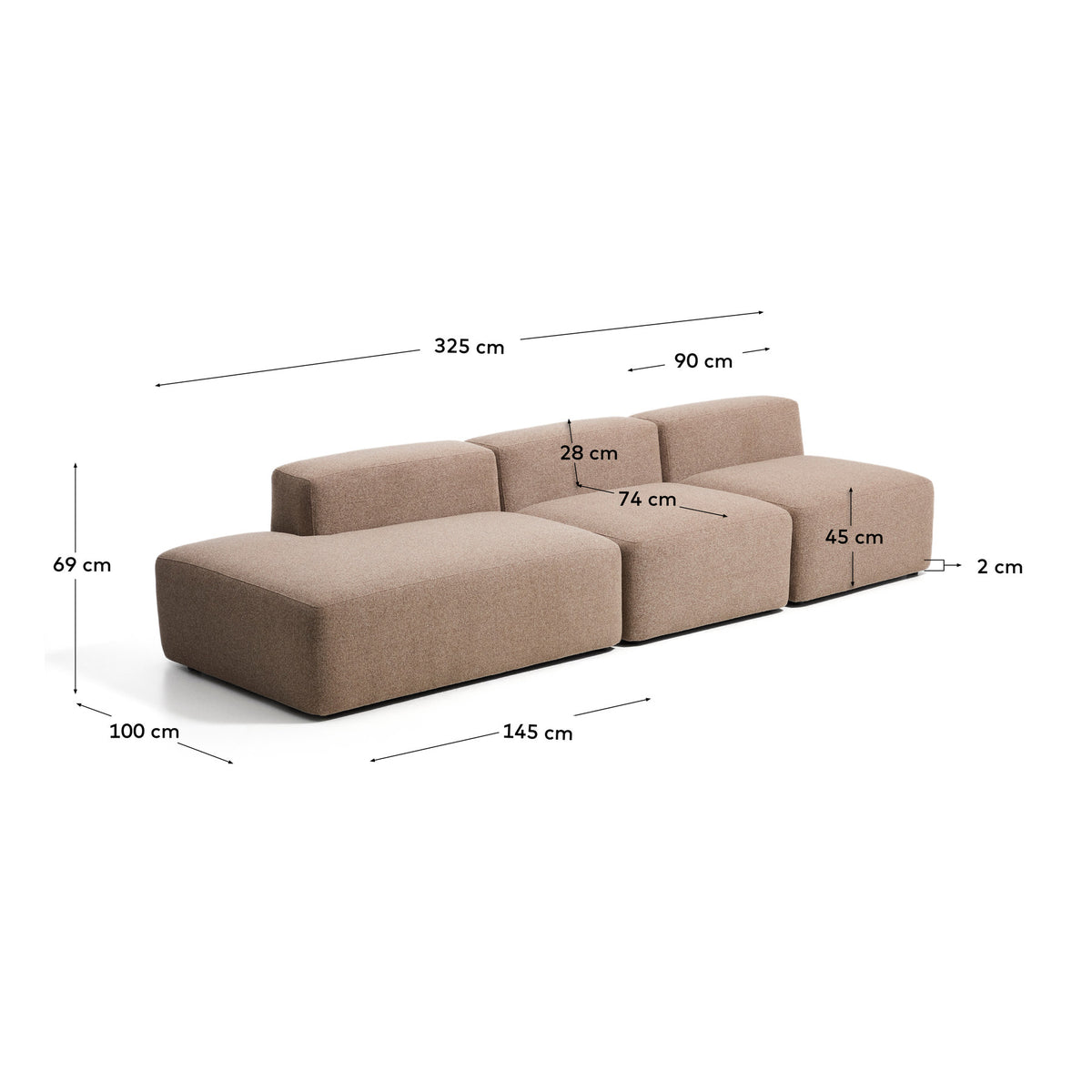 3-Sitzer-Sofa Blok mit Randmodul rechts in brauner Chenille, 325 cm, FSC Mix Credit in Taupe präsentiert im Onlineshop von KAQTU Design AG. 3er Sofa ist von Kave Home