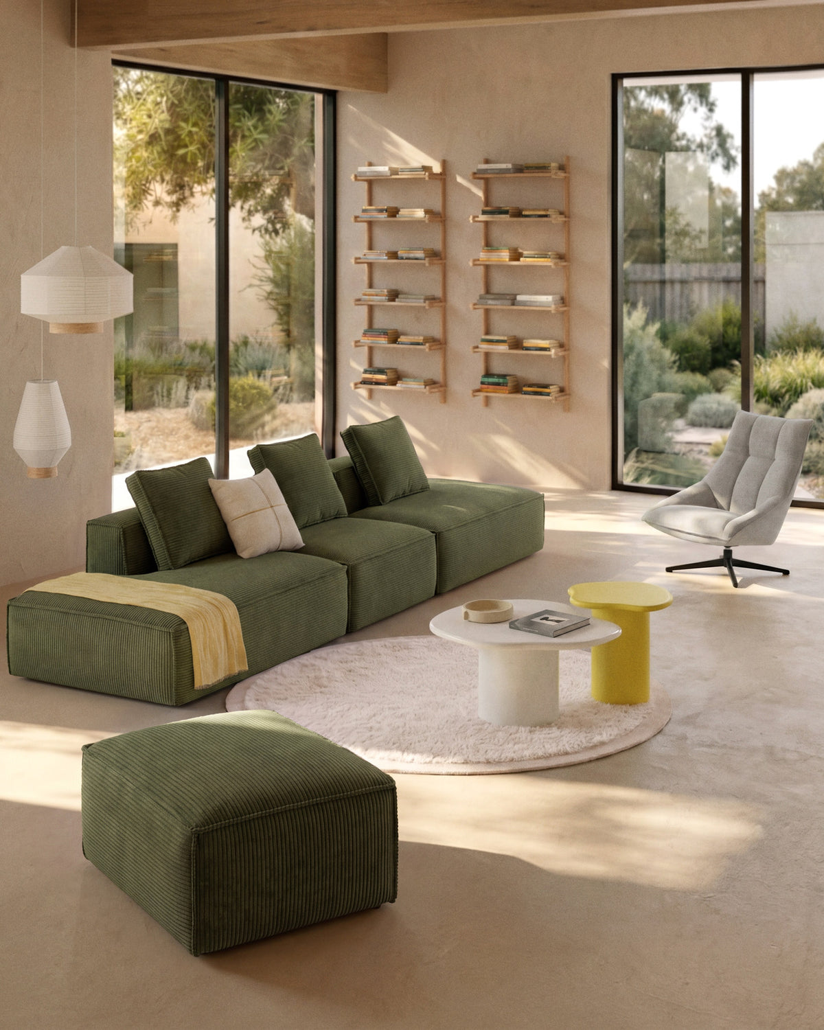 3-Sitzer-Sofa Blok mit Randmodul links in grobem grünem Cord, 325 cm, FSC Mix Credit in Grün präsentiert im Onlineshop von KAQTU Design AG. 3er Sofa ist von Kave Home