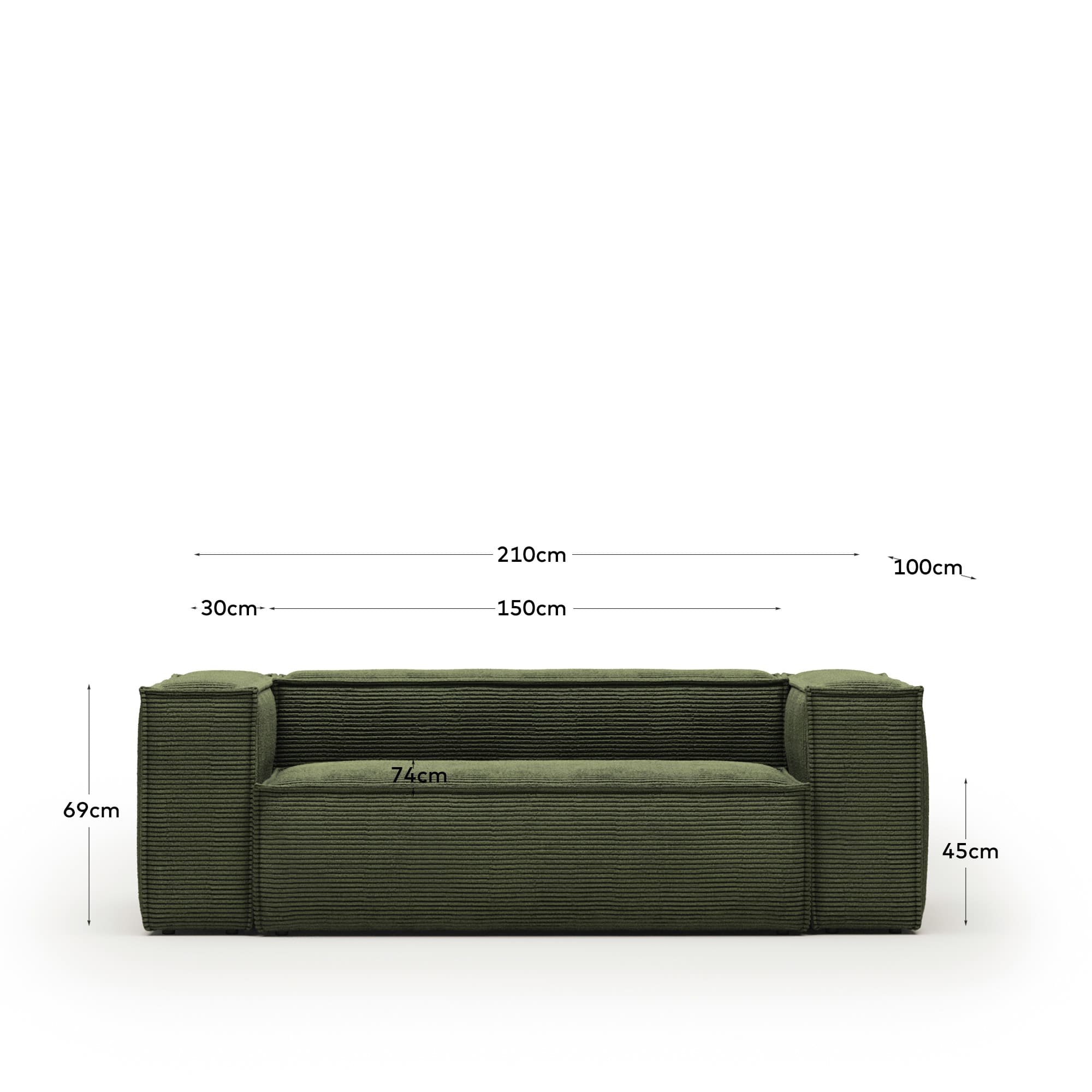 Elegantes 2-Sitzer-Sofa in grünem Cord, 210 cm, FSC-zertifiziert, für stilvollen Komfort und Nachhaltigkeit.