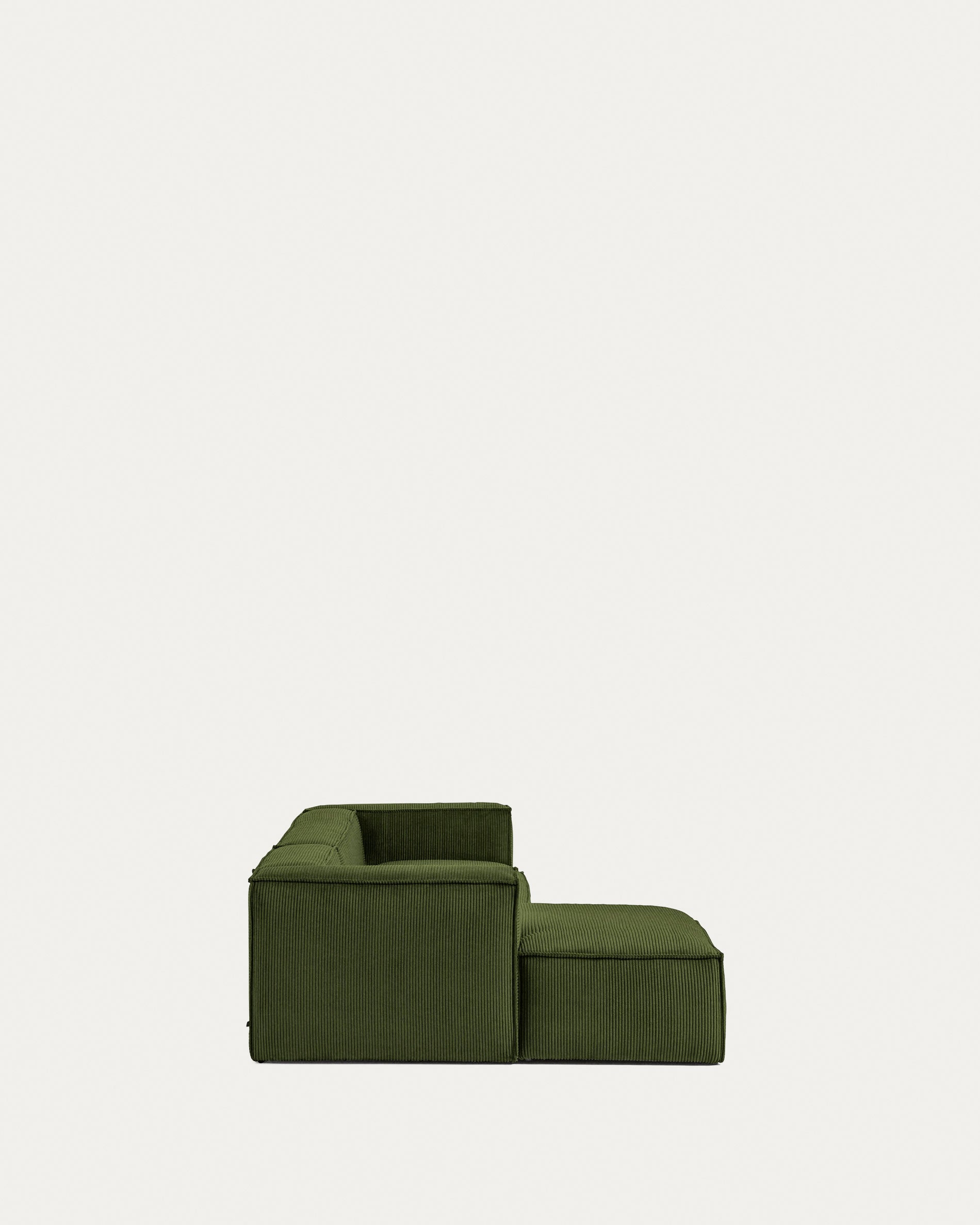 Elegantes 4-Sitzer-Sofa in grünem Cord mit linker Chaiselongue, 330 cm breit, FSC-zertifiziert, für stilvollen Komfort.