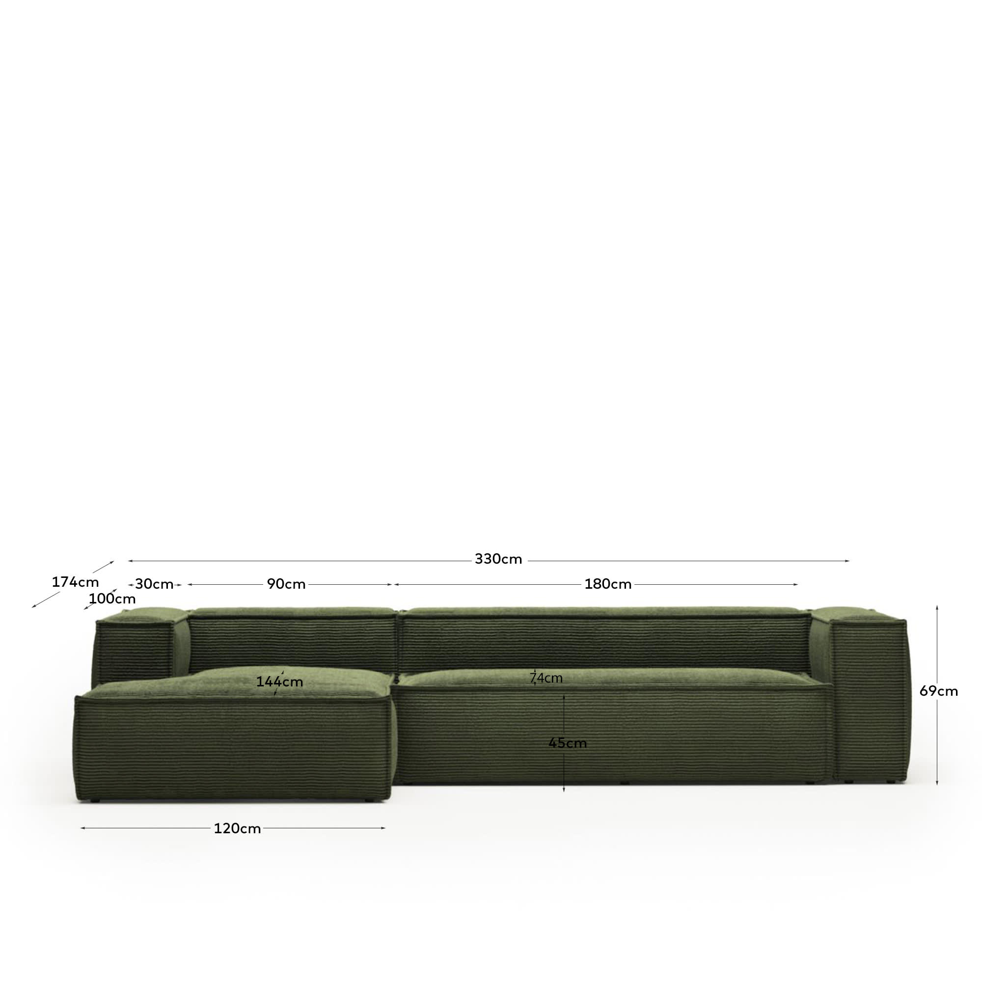 Elegantes 4-Sitzer-Sofa in grünem Cord mit linker Chaiselongue, 330 cm breit, FSC-zertifiziert, für stilvollen Komfort.