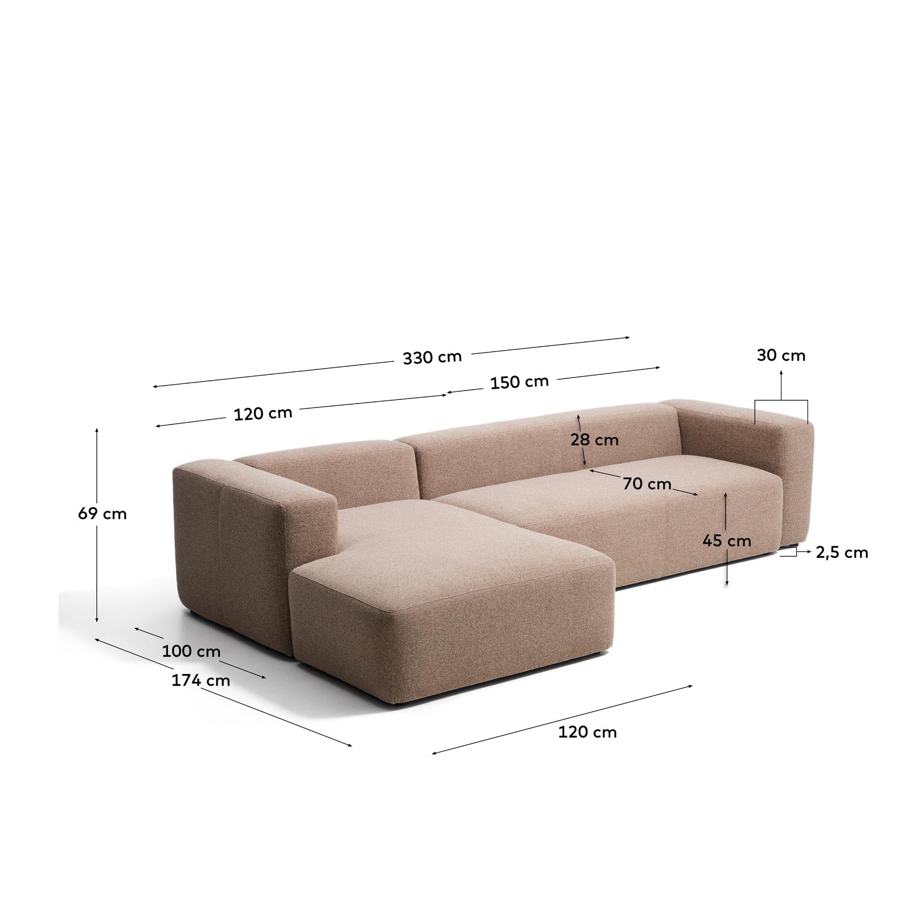 4-Sitzer-Sofa Blok mit Chaiselongue links in brauner Chenille, 330 cm, FSC Mix Credit in Taupe präsentiert im Onlineshop von KAQTU Design AG. L-Sofa links ist von Kave Home