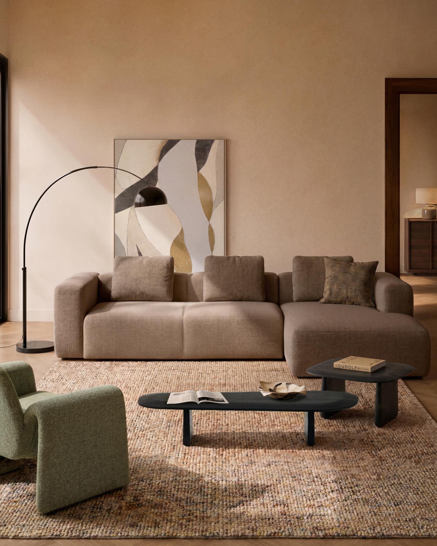 4-Sitzer-Sofa Blok mit Chaiselongue links in brauner Chenille, 330 cm, FSC Mix Credit in Taupe präsentiert im Onlineshop von KAQTU Design AG. L-Sofa links ist von Kave Home