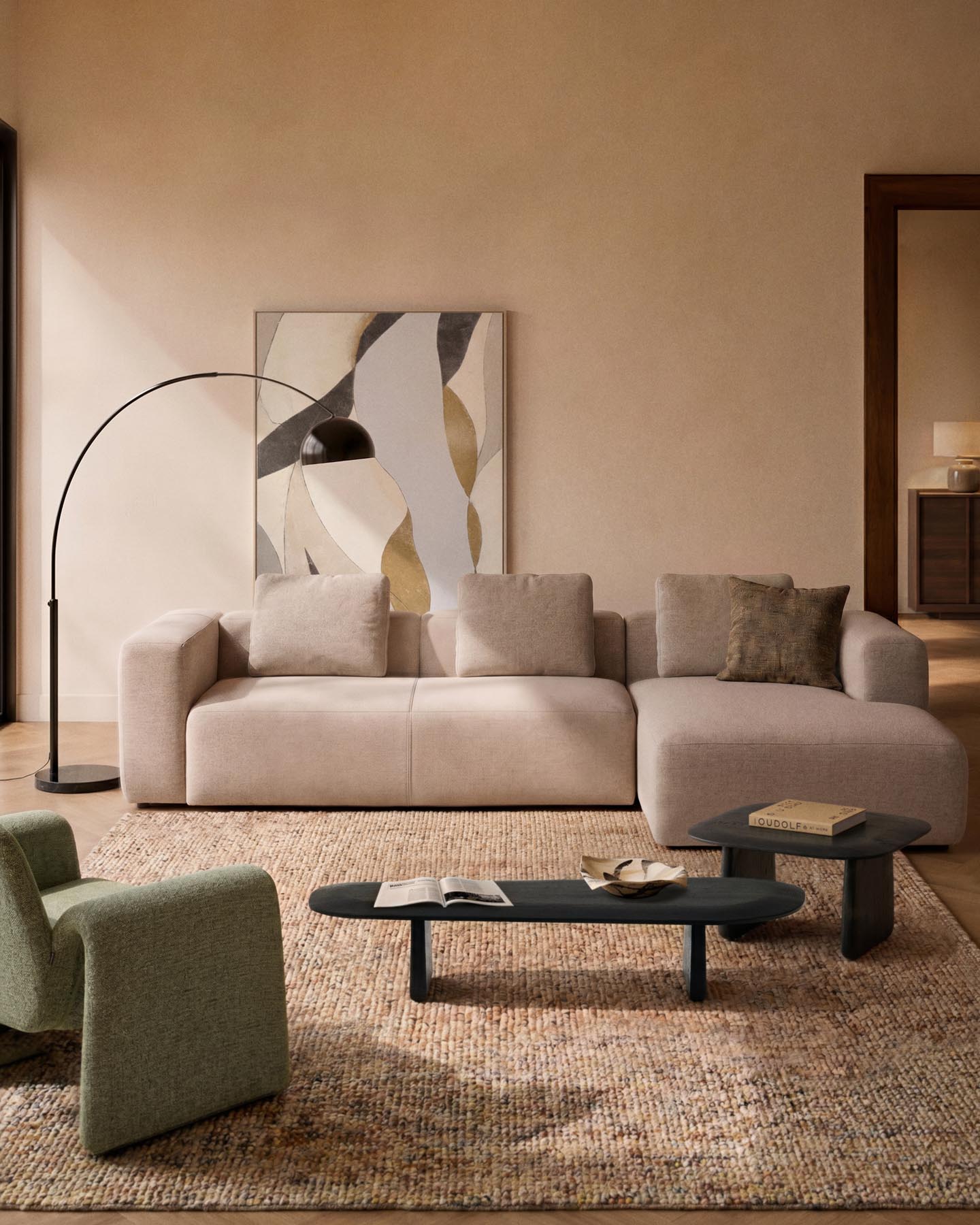 4-Sitzer-Sofa Blok mit Chaiselongue links in beiger Chenille, 330 cm, FSC Mix Credit in Beige präsentiert im Onlineshop von KAQTU Design AG. L-Sofa links ist von Kave Home