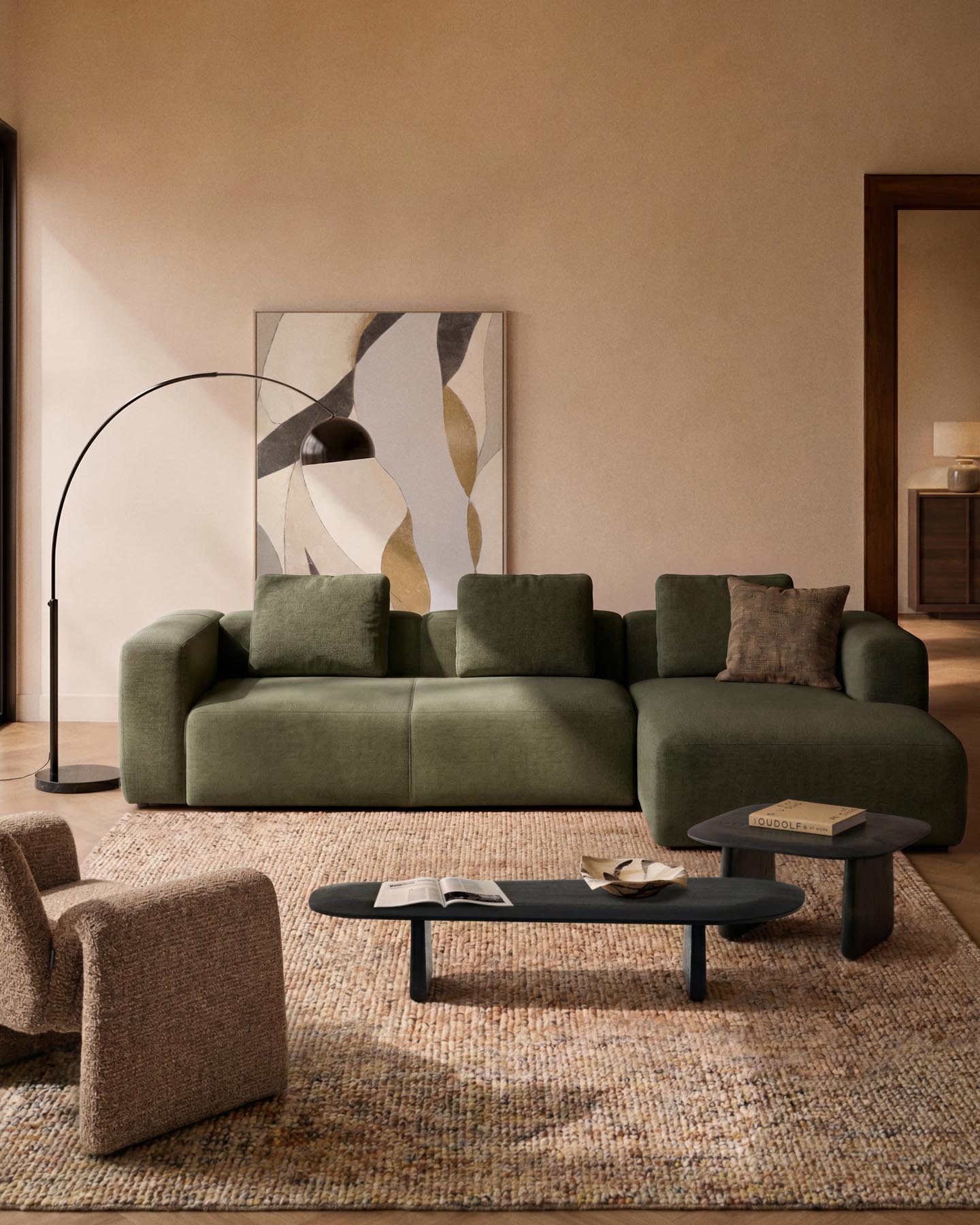 4-Sitzer-Sofa Blok mit Chaiselongue links in moosgrüner Chenille, 330 cm, FSC Mix Credit in Grün präsentiert im Onlineshop von KAQTU Design AG. L-Sofa links ist von Kave Home