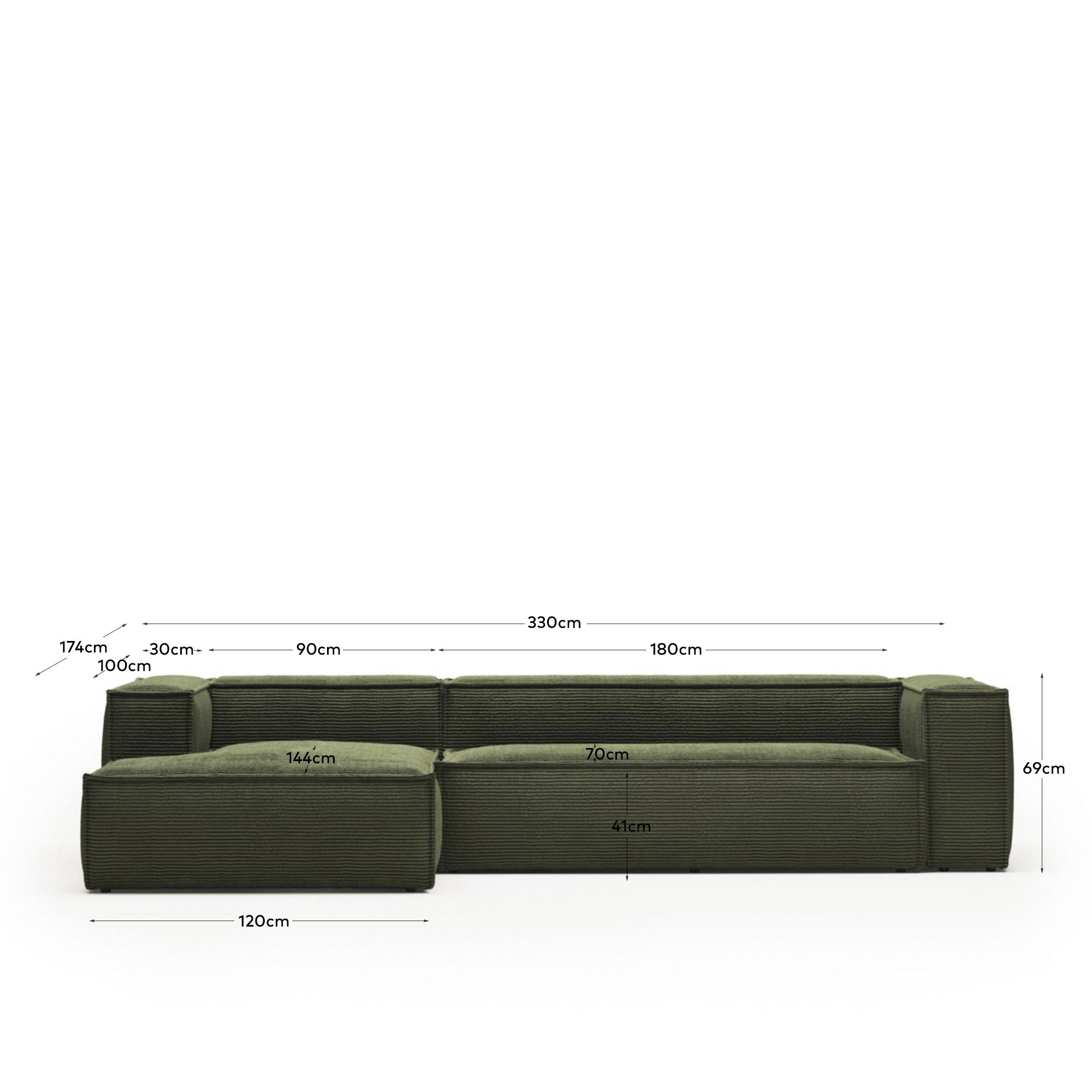 4-Sitzer-Sofa Blok mit Chaiselongue links, schwer entflammbar mit dickem, grünen Cord, 330 cm, FSC Mix Credit in Grün präsentiert im Onlineshop von KAQTU Design AG. 4er Sofa ist von Kave Home