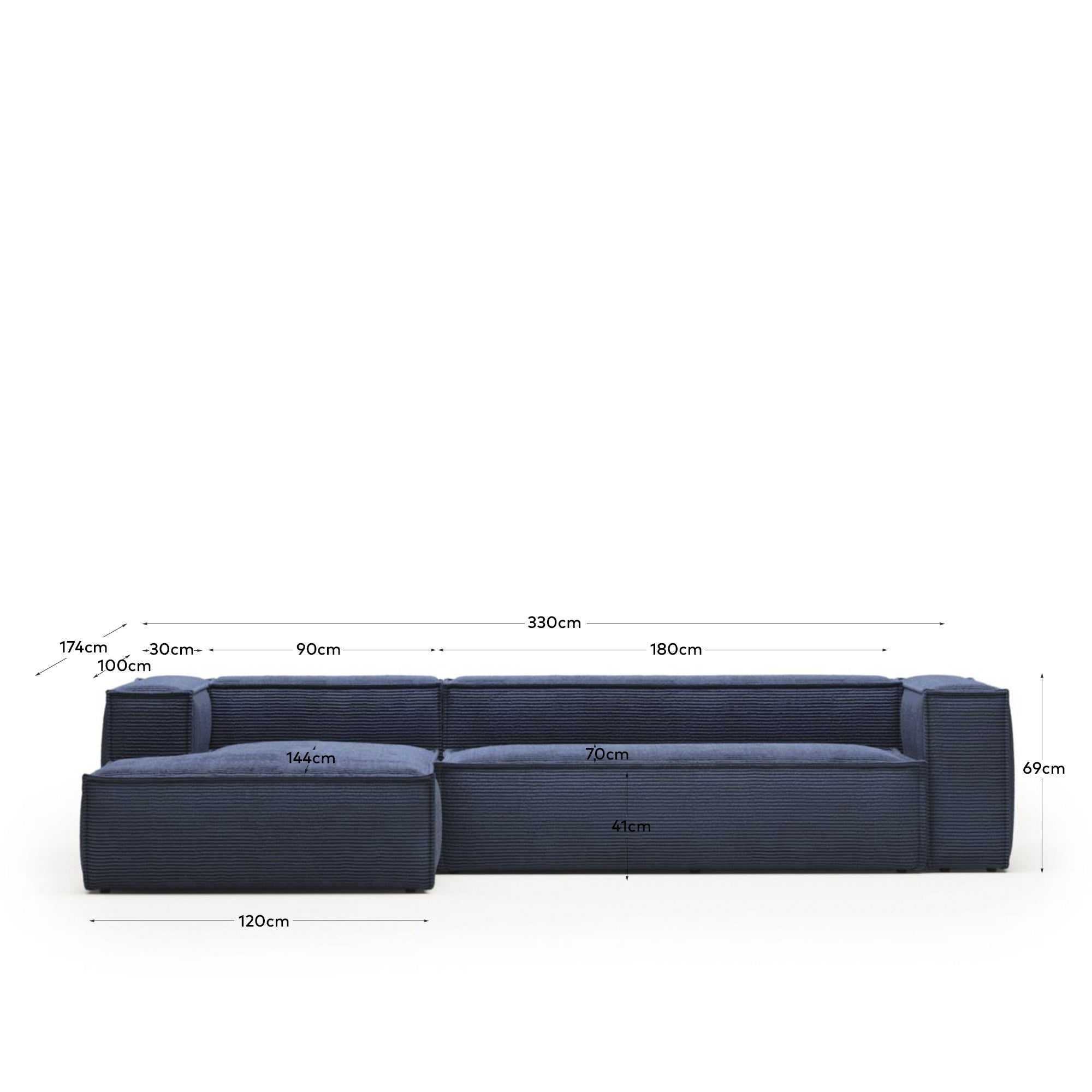 Blok 4-Sitzer-Sofa mit Chaiselongue links breiter Cord blau 330 cm FR in Blau präsentiert im Onlineshop von KAQTU Design AG. 4er Sofa ist von Kave Home