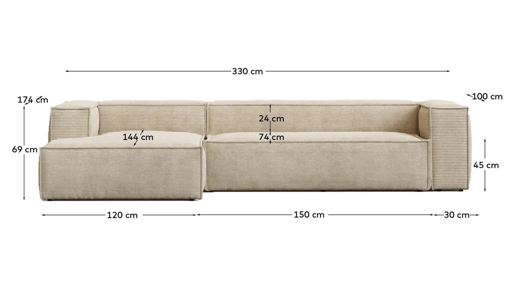 4-Sitzer-Sofa Blok schwer entflammbar mit Chaiselongue links und dickem Cord in Ecru 330 cm FSC Mix Credit in Ecru präsentiert im Onlineshop von KAQTU Design AG. L-Sofa links ist von Kave Home
