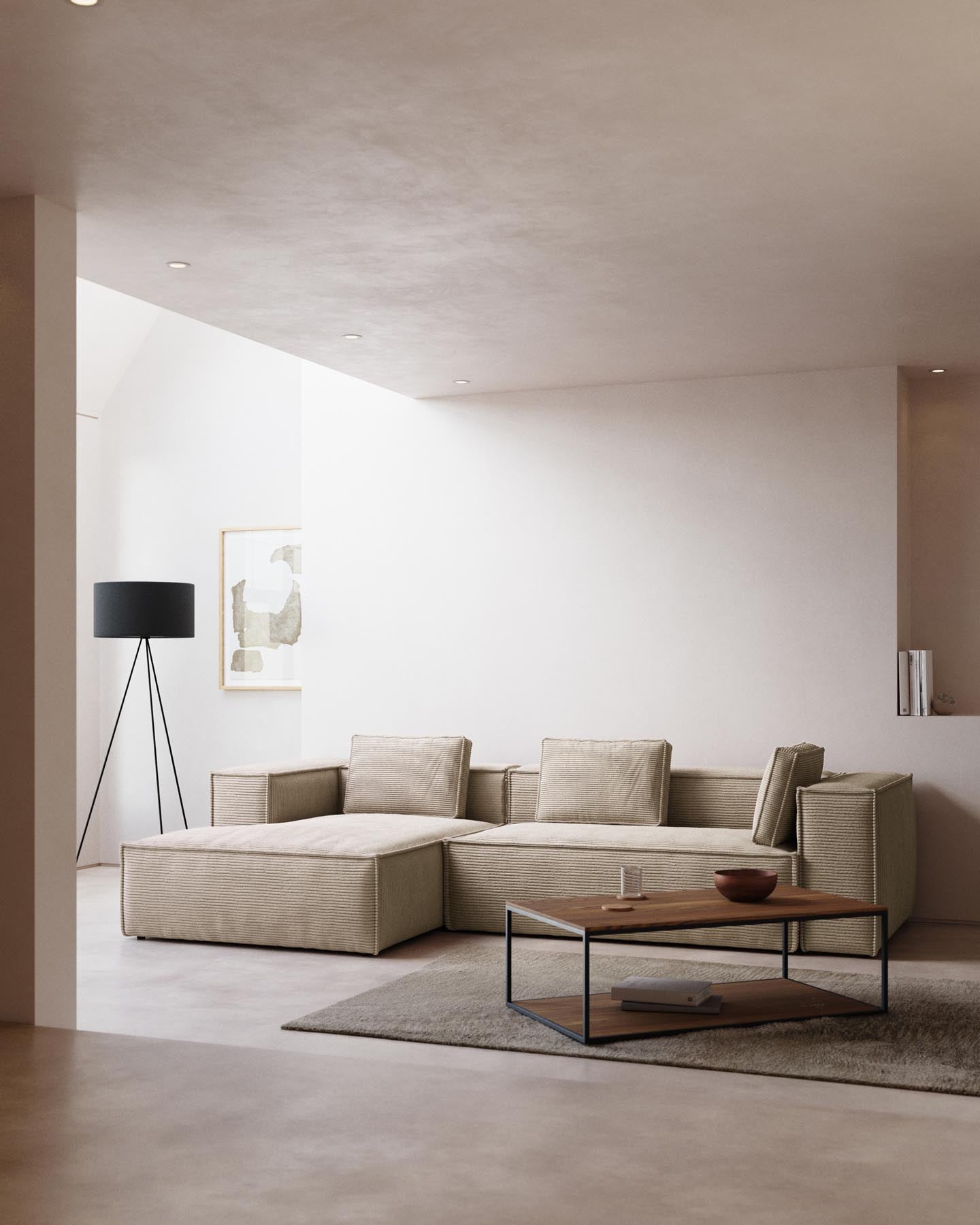 4-Sitzer-Sofa Blok schwer entflammbar mit Chaiselongue links und dickem Cord in Ecru 330 cm FSC Mix Credit in Ecru präsentiert im Onlineshop von KAQTU Design AG. L-Sofa links ist von Kave Home