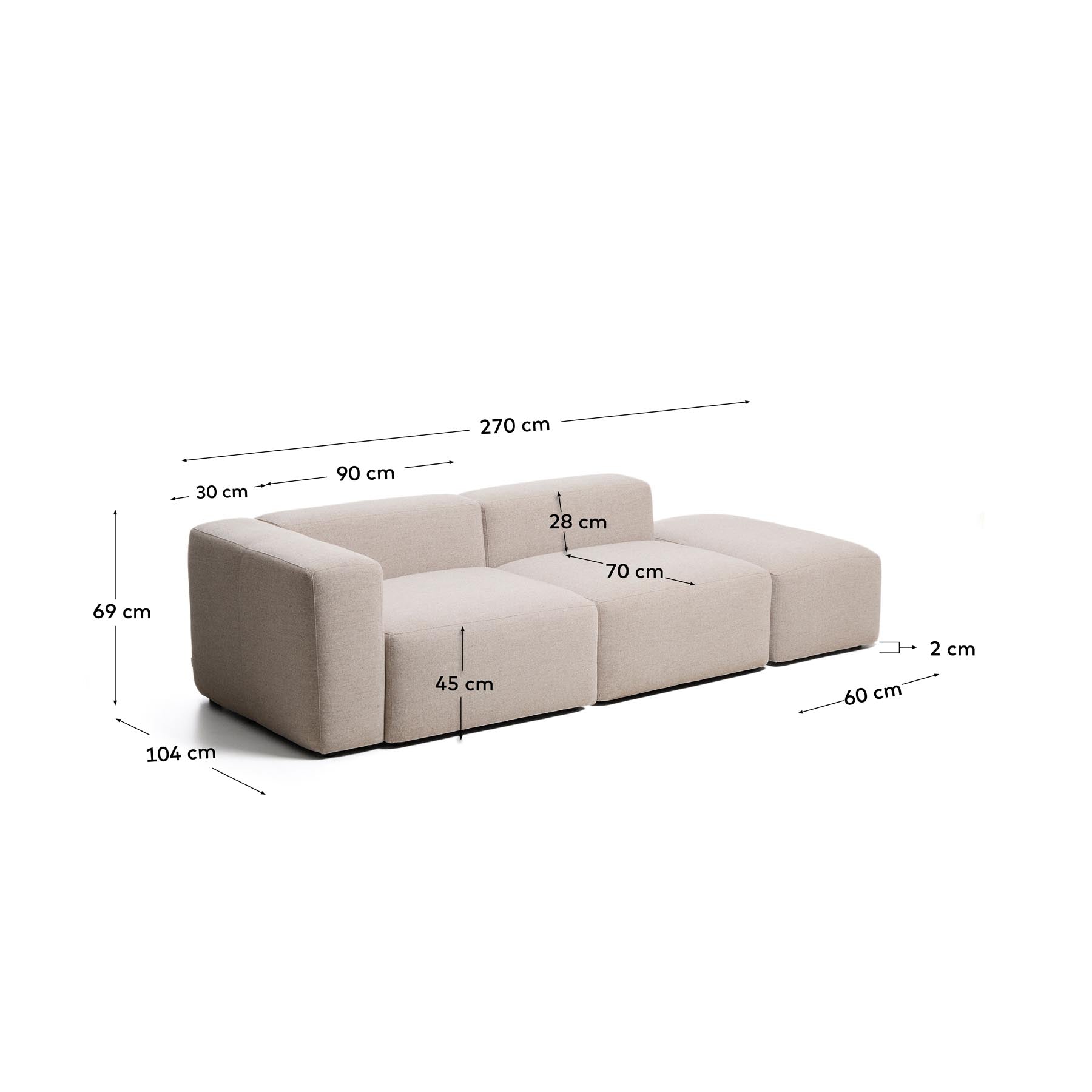 3-Sitzer-Sofa Blok mit Armlehne rechts und Pouf-Randmodul in beiger Chenille, 270 cm, FSC Mix Credit in Beige präsentiert im Onlineshop von KAQTU Design AG. 3er Sofa ist von Kave Home