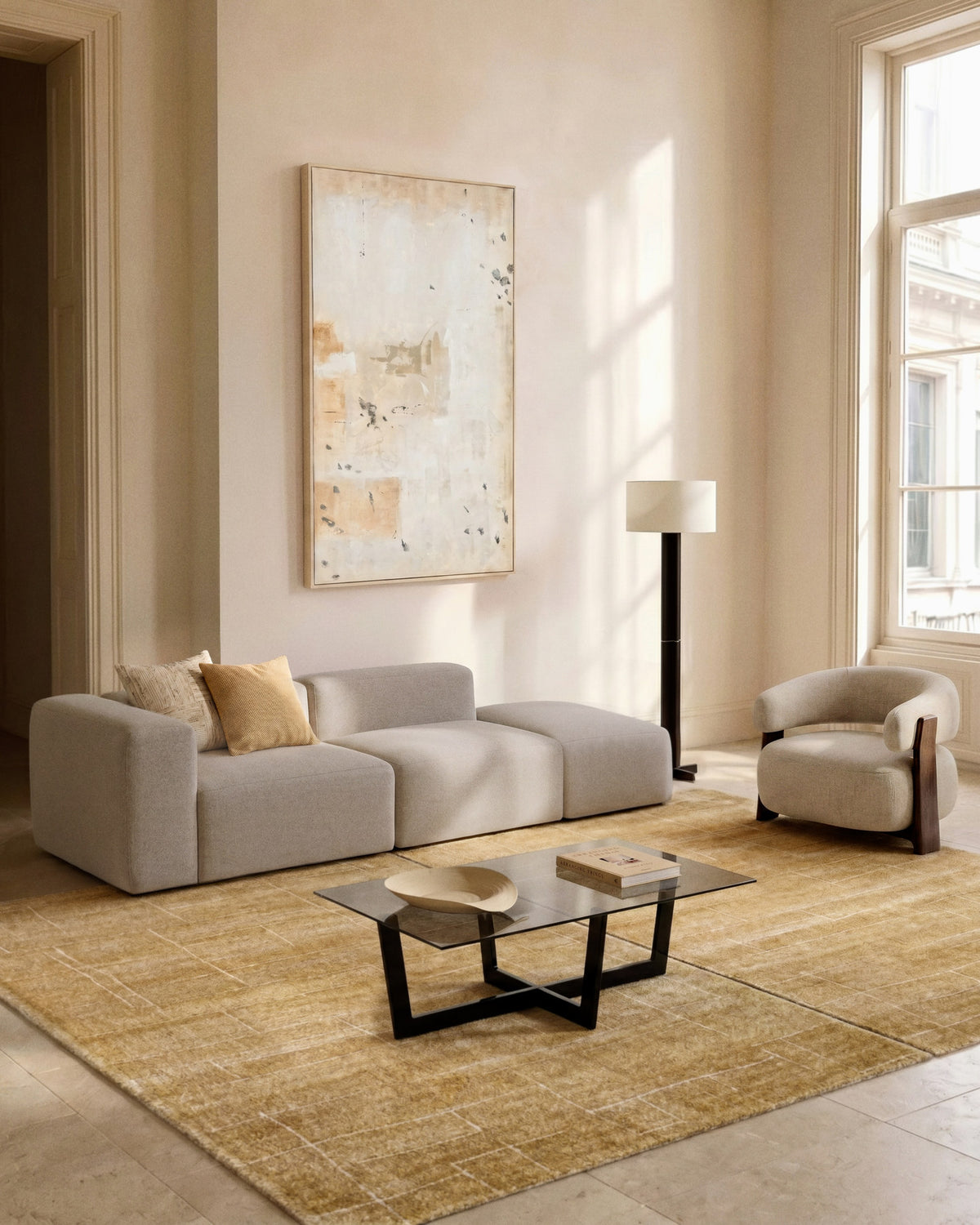3-Sitzer-Sofa Blok mit Armlehne rechts und Pouf-Randmodul in beiger Chenille, 270 cm, FSC Mix Credit in Beige präsentiert im Onlineshop von KAQTU Design AG. 3er Sofa ist von Kave Home