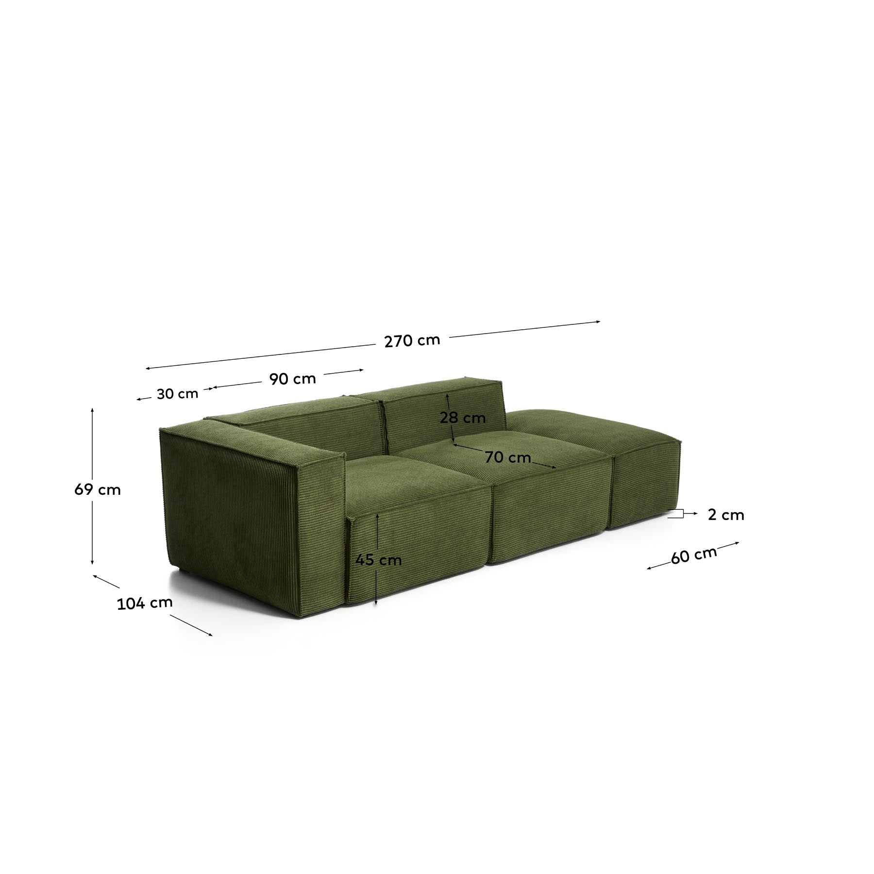 3-Sitzer-Sofa Blok mit Armlehne links und Pouf-Randmodul in grobem grünem Cord, 270 cm, FSC Mix Credit in Grün präsentiert im Onlineshop von KAQTU Design AG. 3er Sofa ist von Kave Home