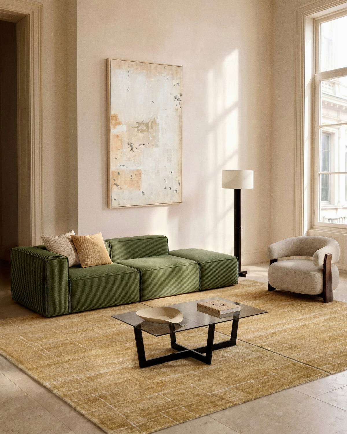 3-Sitzer-Sofa Blok mit Armlehne links und Pouf-Randmodul in grobem grünem Cord, 270 cm, FSC Mix Credit in Grün präsentiert im Onlineshop von KAQTU Design AG. 3er Sofa ist von Kave Home