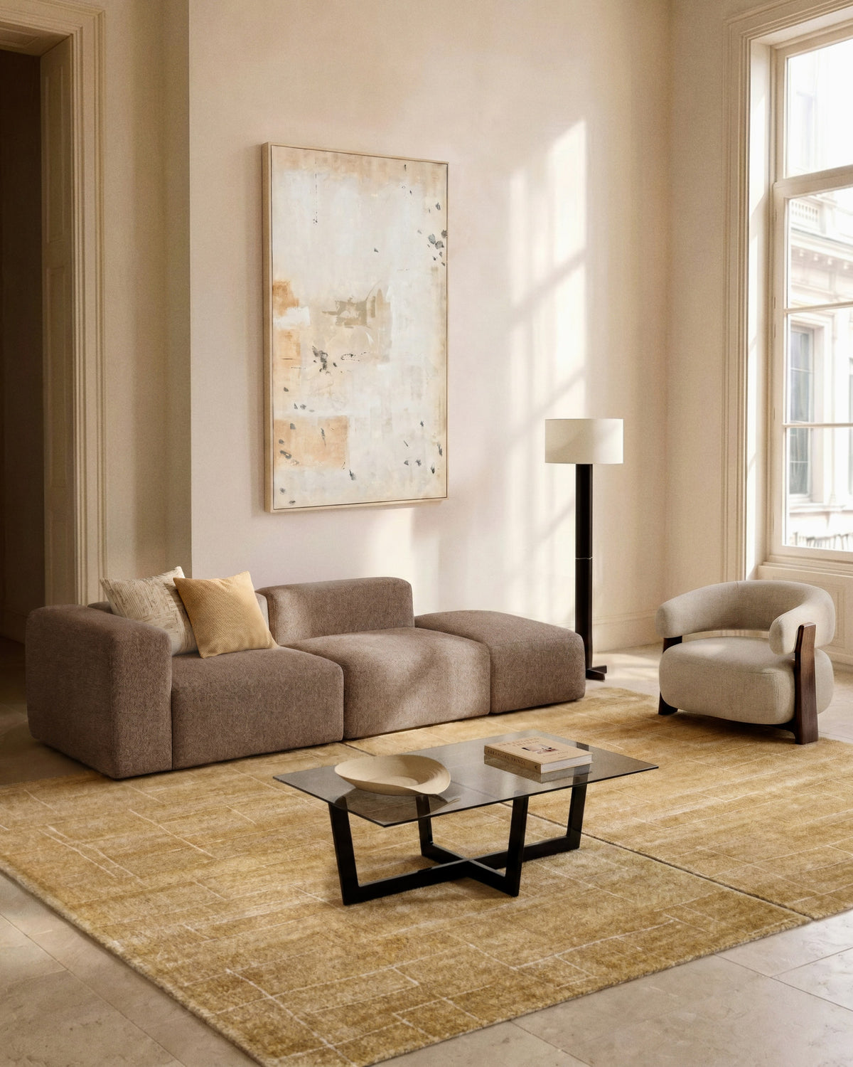 3-Sitzer-Sofa Blok mit Armlehne links und Pouf-Randmodul in brauner Chenille, 270 cm, FSC Mix Credit in Taupe präsentiert im Onlineshop von KAQTU Design AG. 3er Sofa ist von Kave Home