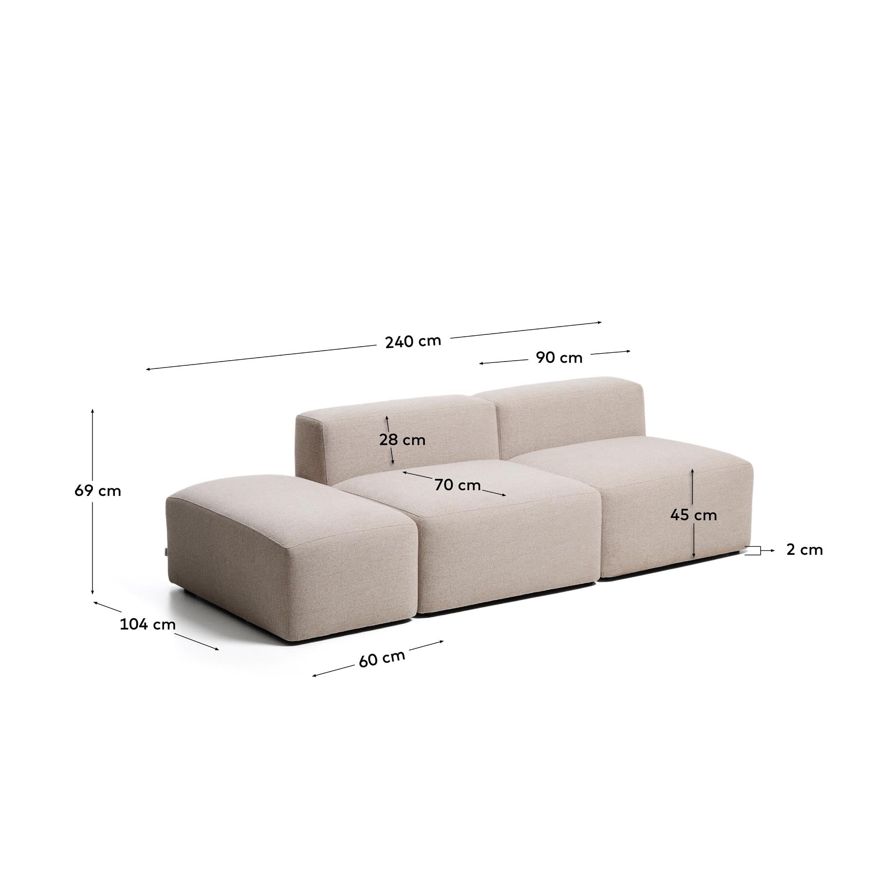 3-Sitzer-Sofa Blok mit Pouf-Randmodul in beiger Chenille, 240 cm, FSC Mix Credit in Beige präsentiert im Onlineshop von KAQTU Design AG. 3er Sofa ist von Kave Home