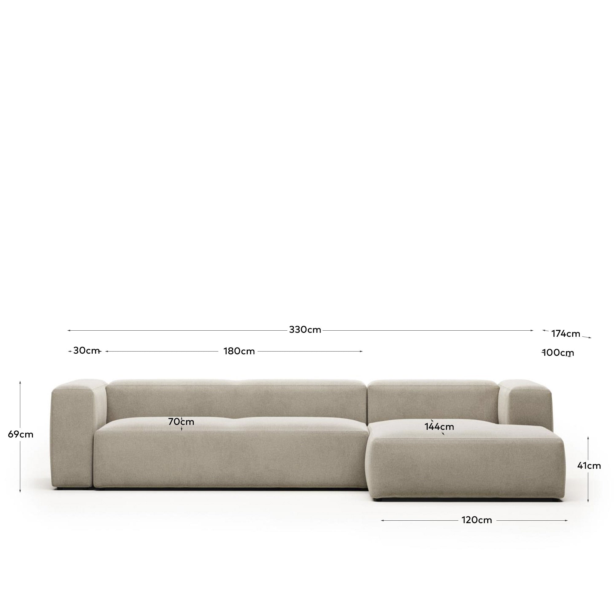 4-Sitzer-Sofa Blok mit Chaiselongue rechts, schwer entflammbar mit beiger Chenille, 330 cm in Beige präsentiert im Onlineshop von KAQTU Design AG. 4er Sofa ist von Kave Home