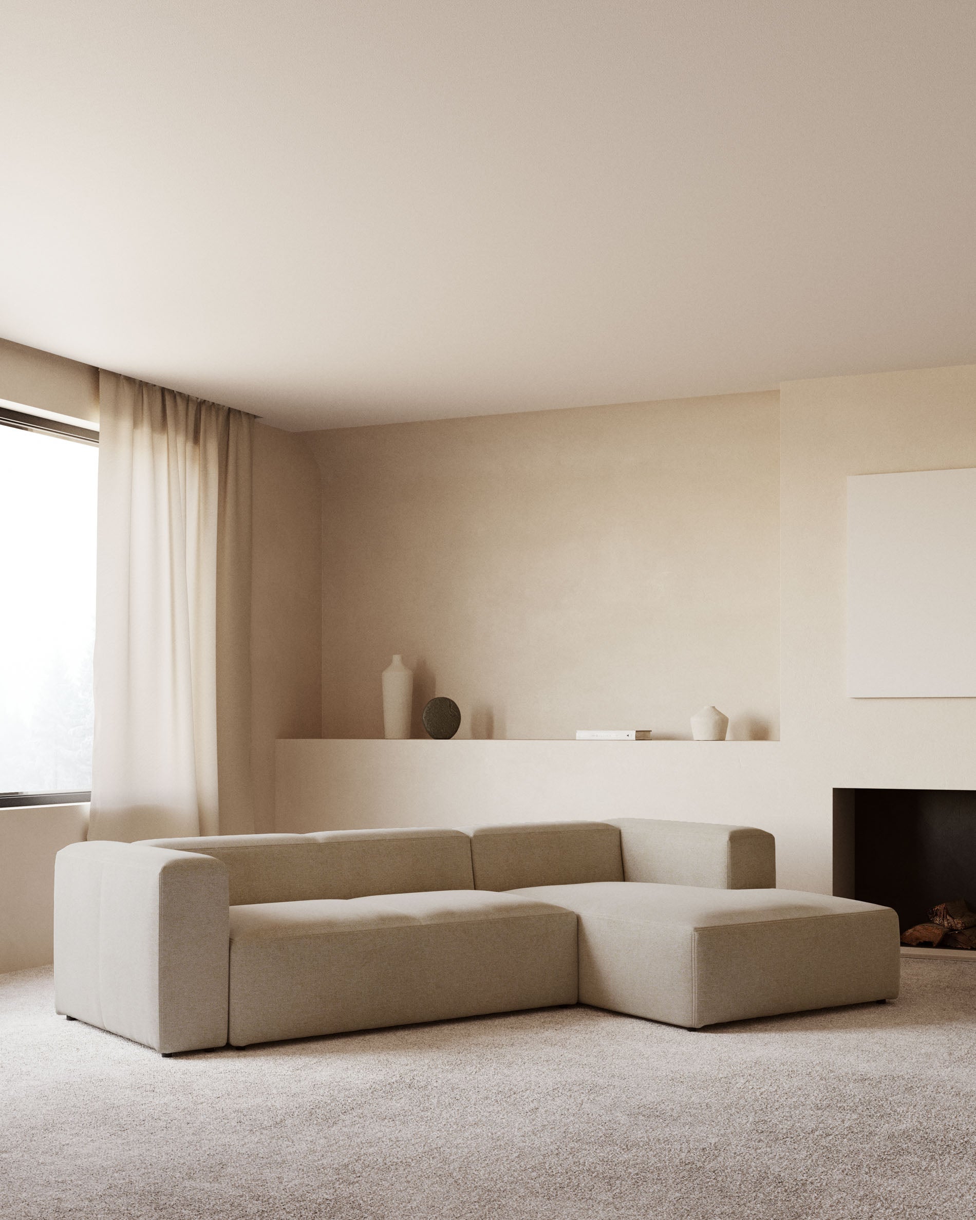 4-Sitzer-Sofa Blok mit Chaiselongue rechts, schwer entflammbar mit beiger Chenille, 330 cm in Beige präsentiert im Onlineshop von KAQTU Design AG. 4er Sofa ist von Kave Home