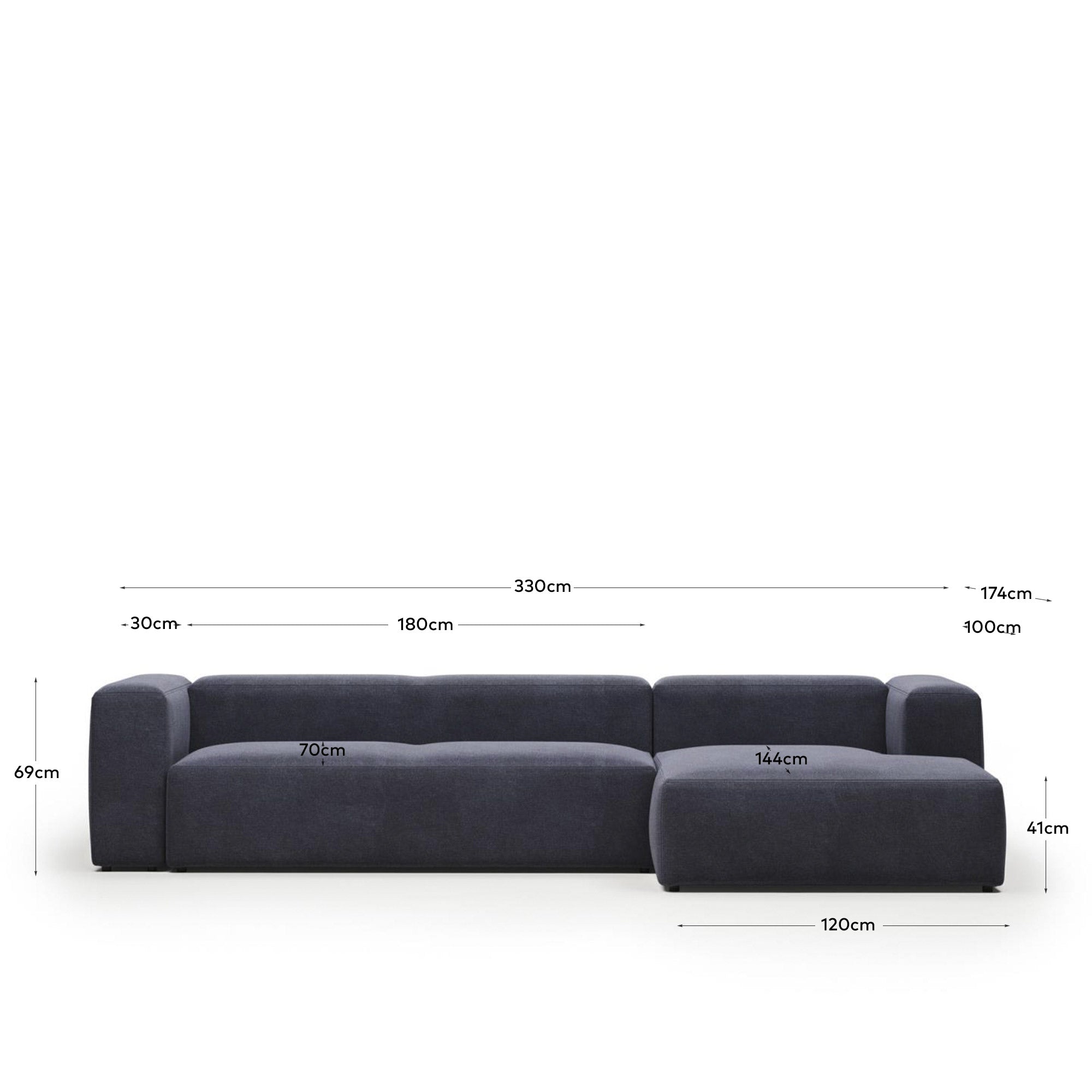 Blok 4-Sitzer Sofa mit Chaiselongue rechts blau 330 cm FR in Blau präsentiert im Onlineshop von KAQTU Design AG. 4er Sofa ist von Kave Home