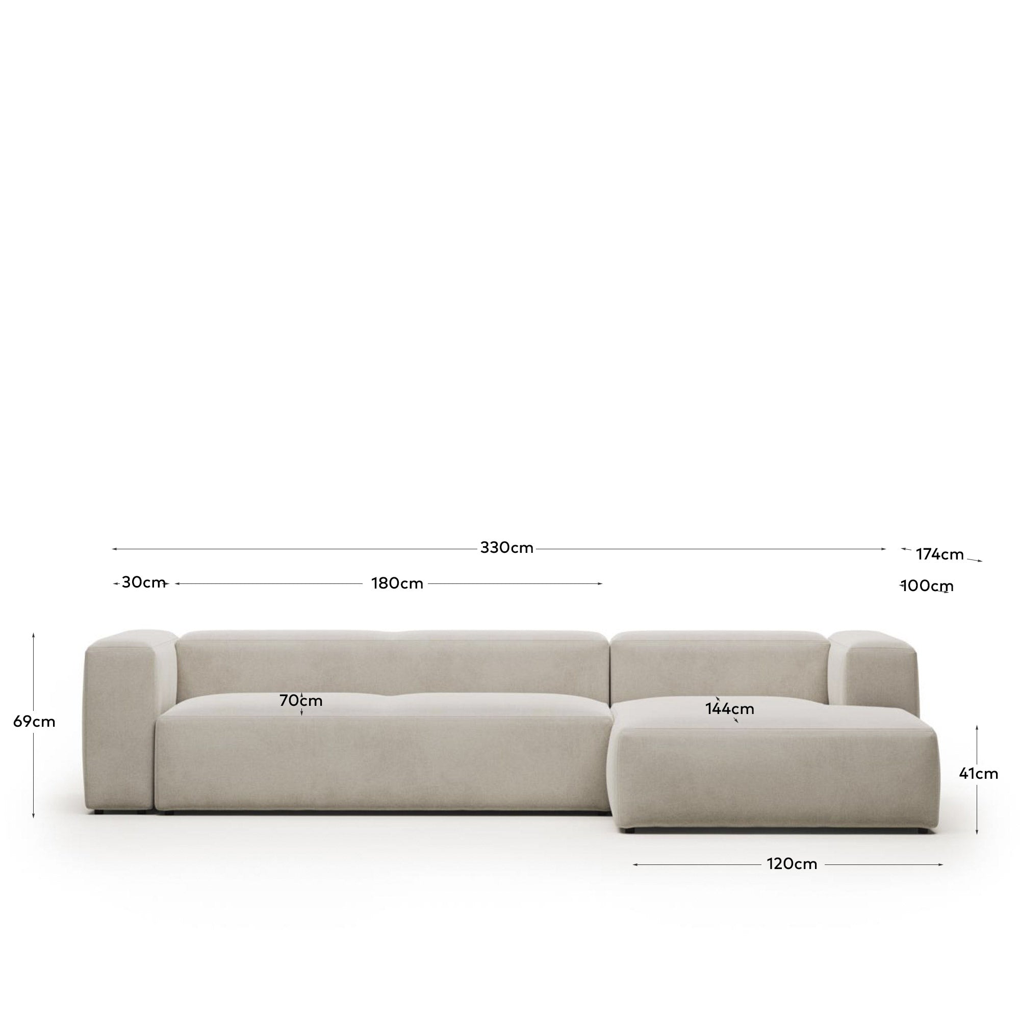 4-Sitzer-Sofa Blok mit Chaiselongue rechts, schwer entflammbar mit weisser Chenille, 330 cm in Grau präsentiert im Onlineshop von KAQTU Design AG. 4er Sofa ist von Kave Home