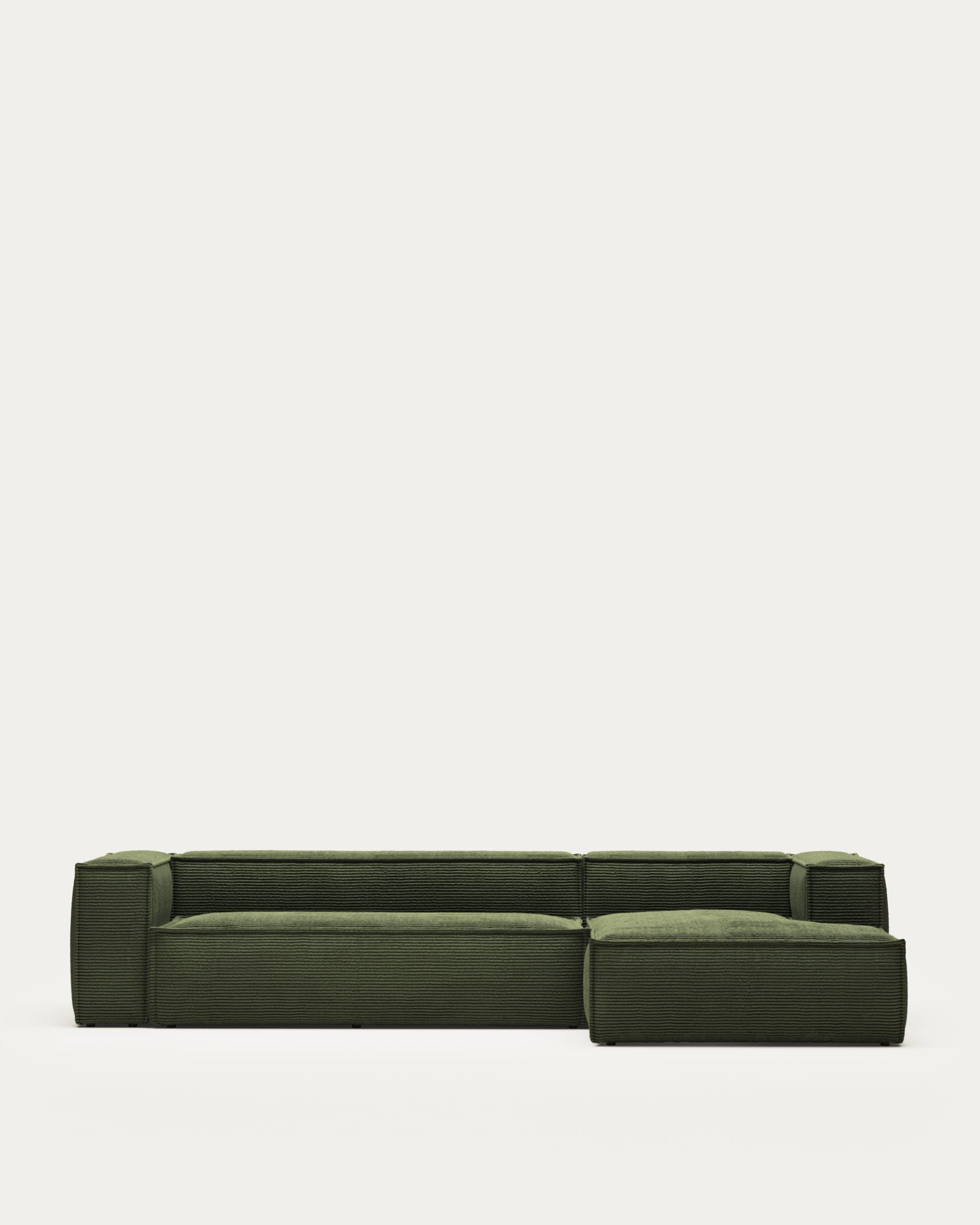 Elegantes 4-Sitzer-Sofa mit Chaiselongue rechts, grünem Cordbezug, 330cm breit, FSC-zertifiziert, stilvoll und nachhaltig.