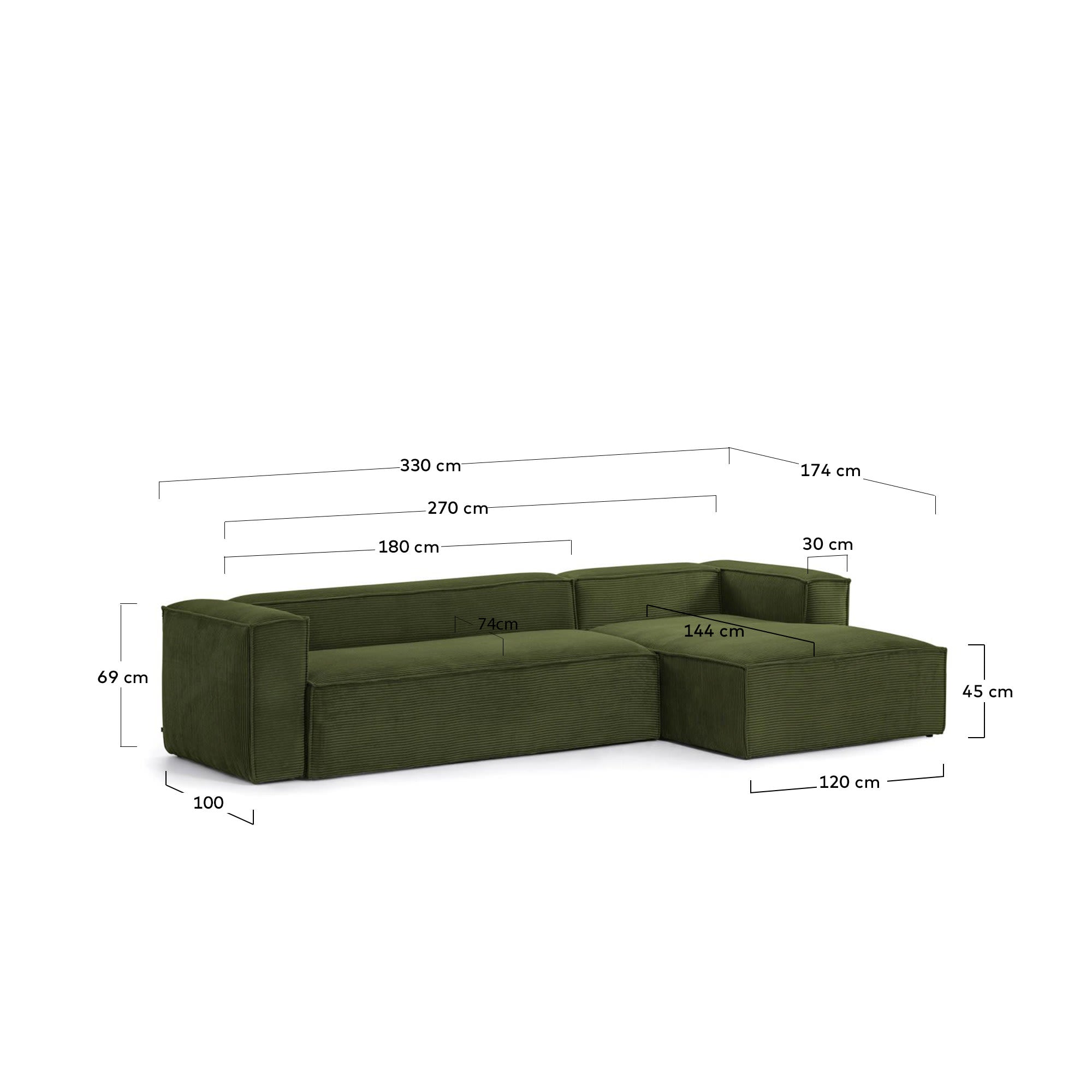 Elegantes 4-Sitzer-Sofa in grünem Cord, 330 cm breit, mit rechter Chaiselongue. Komfort und Nachhaltigkeit vereint.