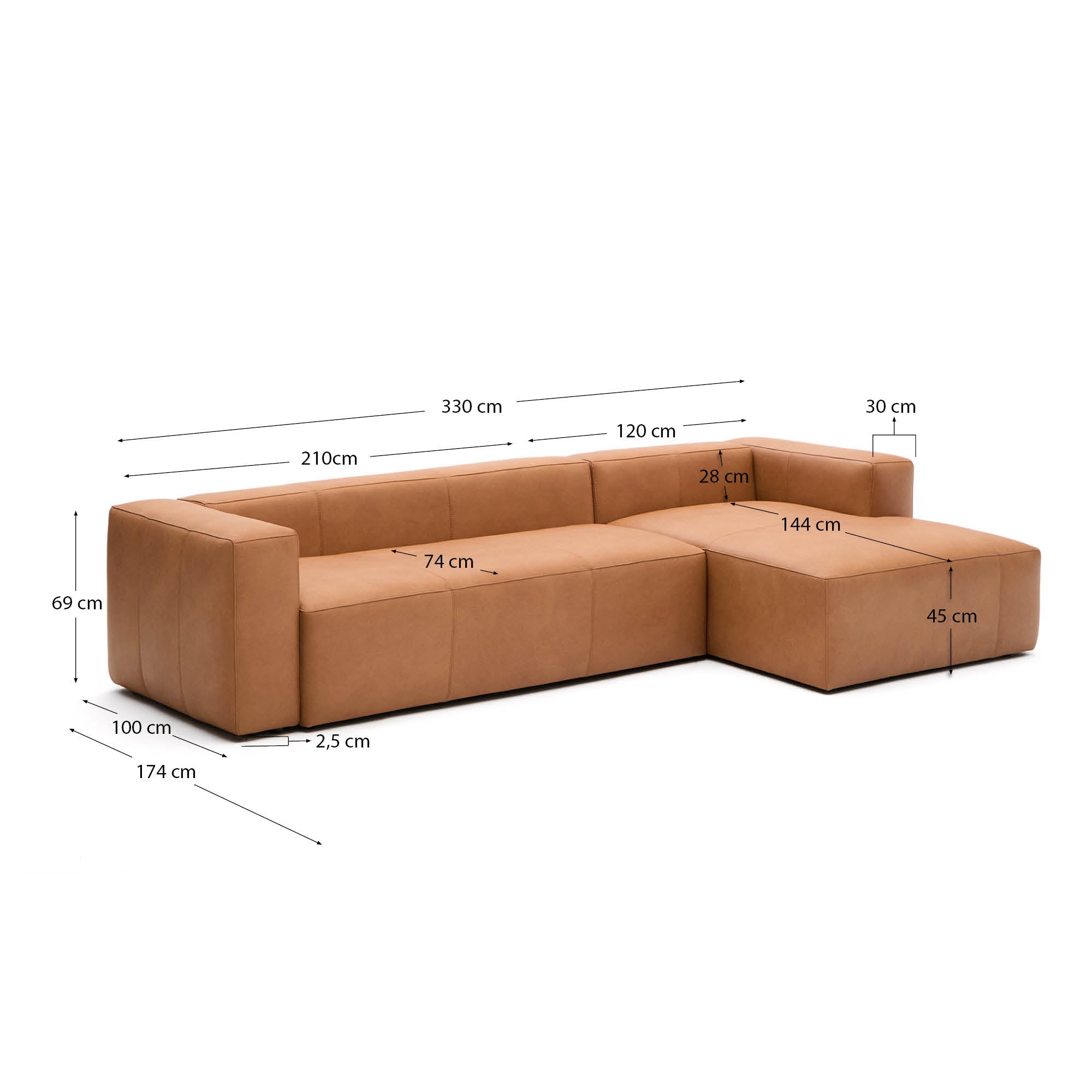 Stilvolles 4-Sitzer Sofa Blok aus hochwertigem braunem Leder mit rechter Chaiselongue, perfekt für moderne Wohnkonzepte. Maße: 330 cm.