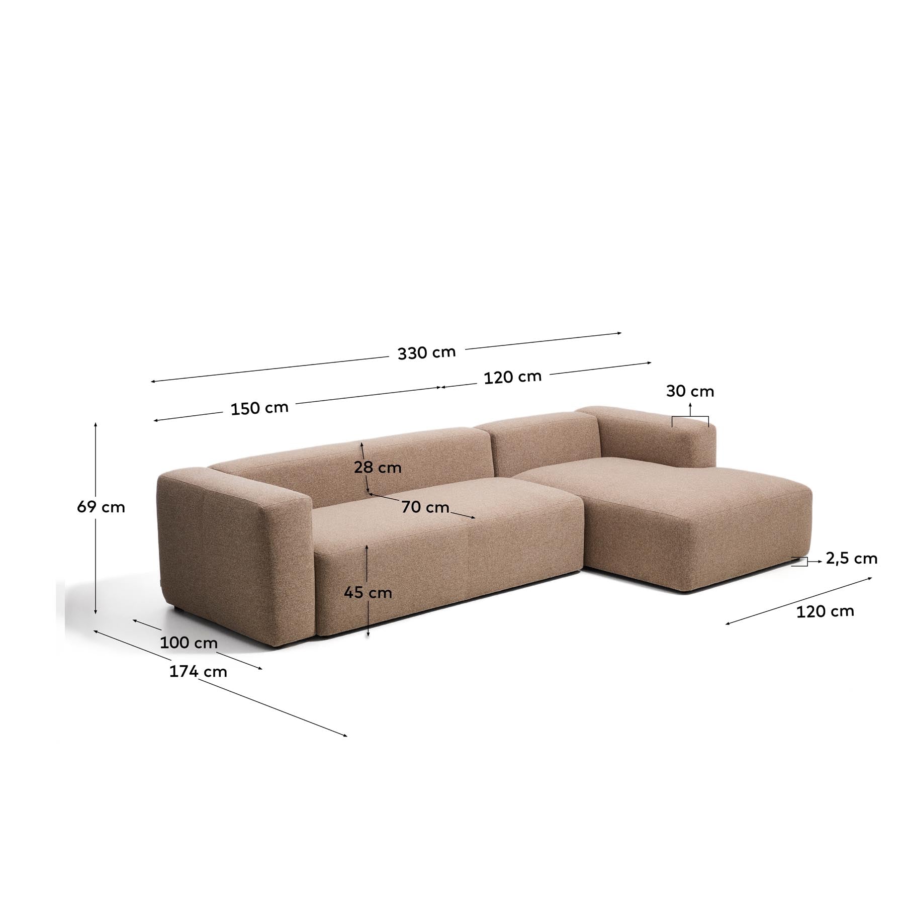 4-Sitzer-Sofa Blok mit Chaiselongue rechts in brauner Chenille, 330 cm, FSC Mix Credit in Taupe präsentiert im Onlineshop von KAQTU Design AG. L-Sofa rechts ist von Kave Home
