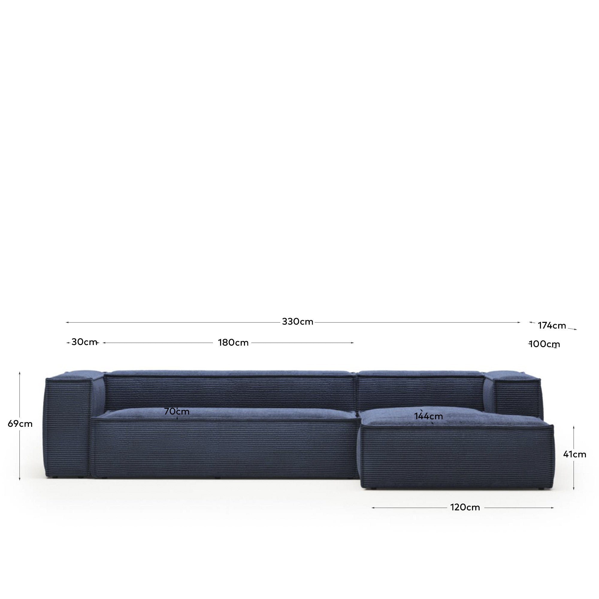 4-Sitzer-Sofa Blok mit Chaiselongue rechts, schwer entflammbar mit dickem, blauem Cord, 330 cm, FSC Mix Credit in Blau präsentiert im Onlineshop von KAQTU Design AG. 4er Sofa ist von Kave Home