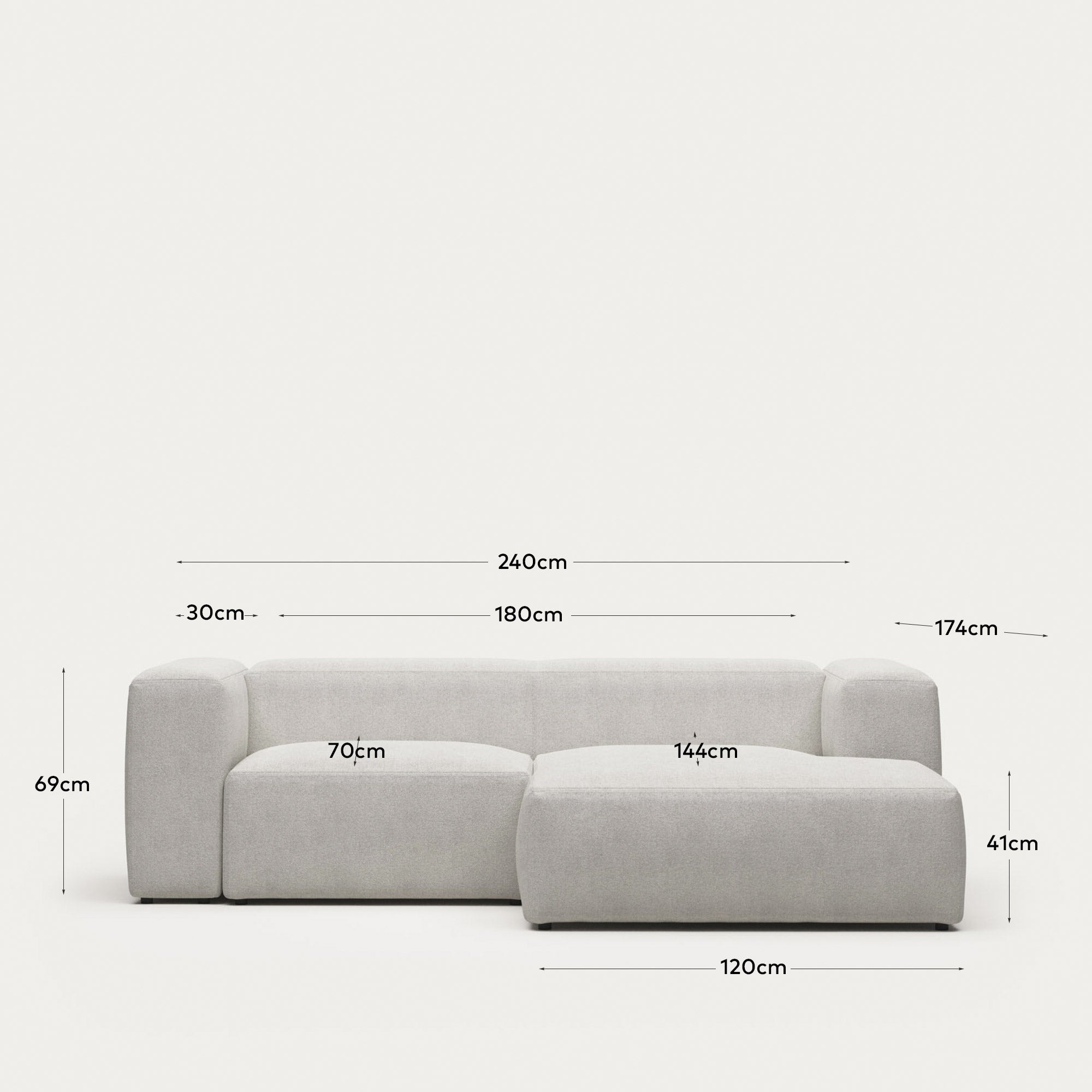 2-Sitzer-Sofa Blok mit Chaiselongue rechts, schwer entflammbar mit weissem Lammfellimitat, 240 cm, FSC Mix Credit in Grau präsentiert im Onlineshop von KAQTU Design AG. 2er Sofa ist von Kave Home